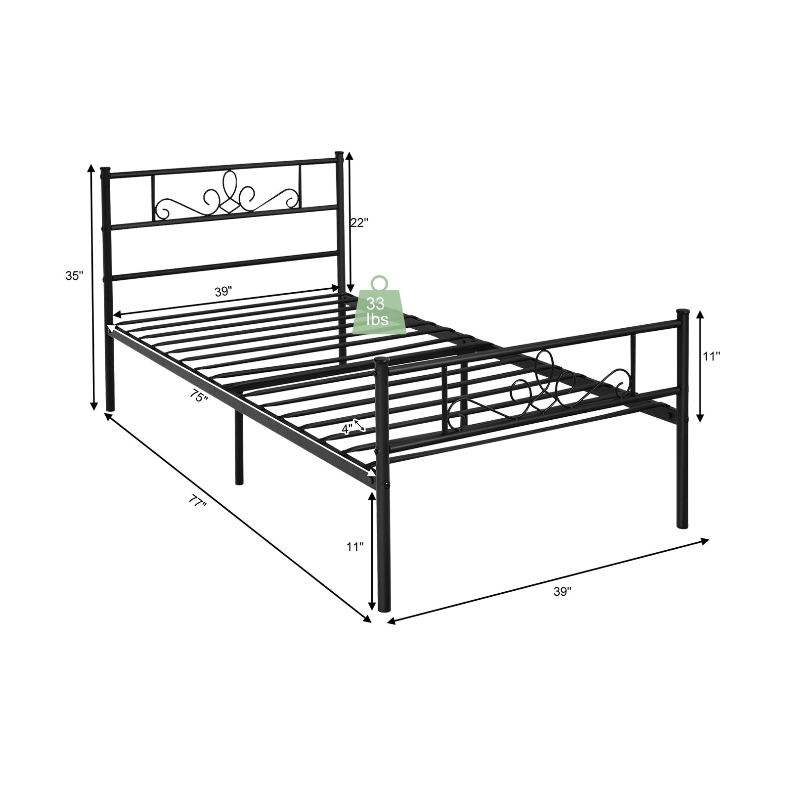 Twin/Full/Queen Size Metal Bed Frame with Headboard and Footboard-Twin Size