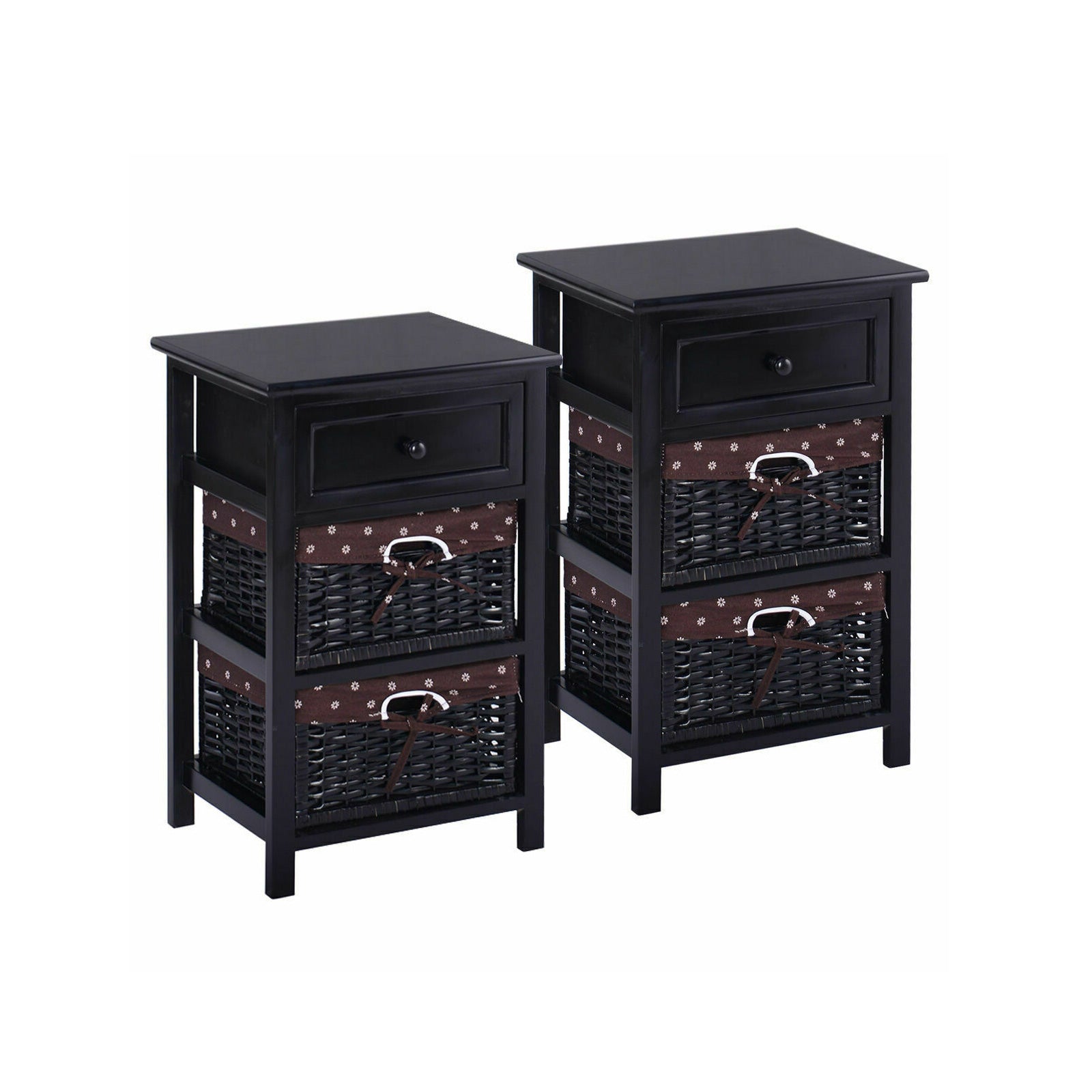 3 Tier Set of 2 Wood Nightstand with 1 and 2 Drawer -Black