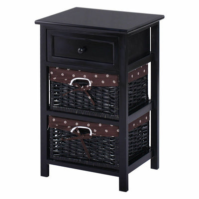 3 Tier Set of 2 Wood Nightstand with 1 and 2 Drawer -BlackÂ 