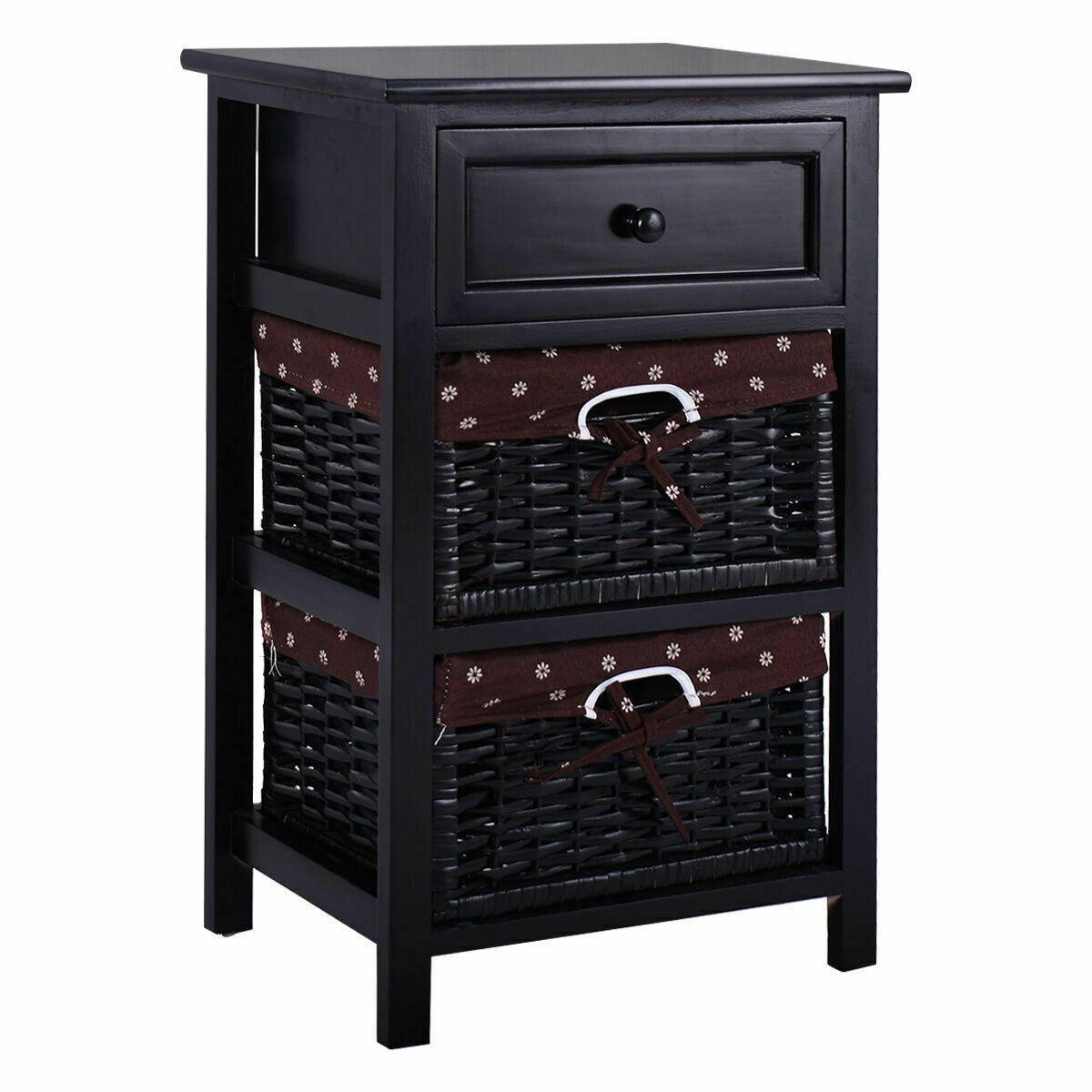 3 Tier Set of 2 Wood Nightstand with 1 and 2 Drawer -Black