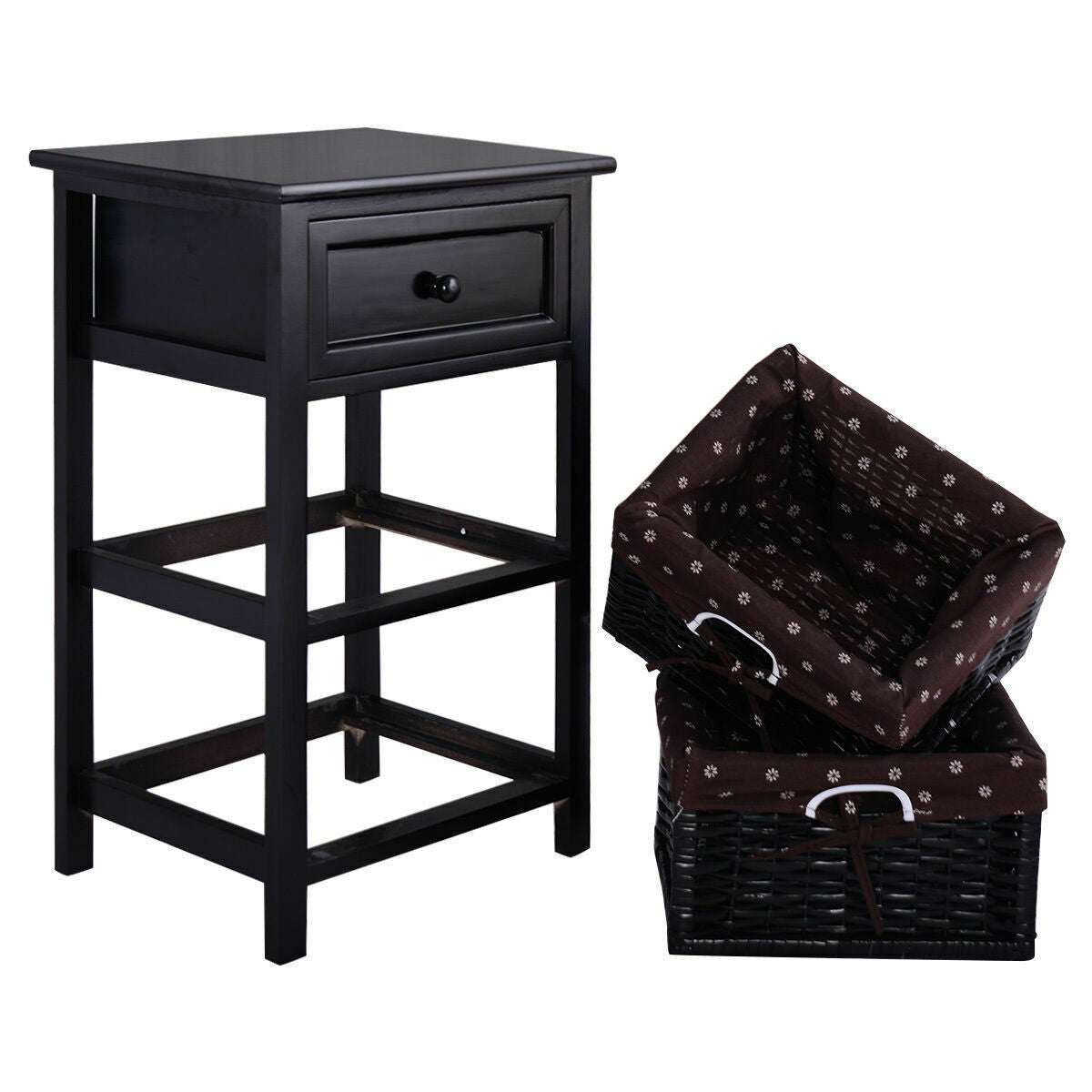 3 Tier Set of 2 Wood Nightstand with 1 and 2 Drawer -Black