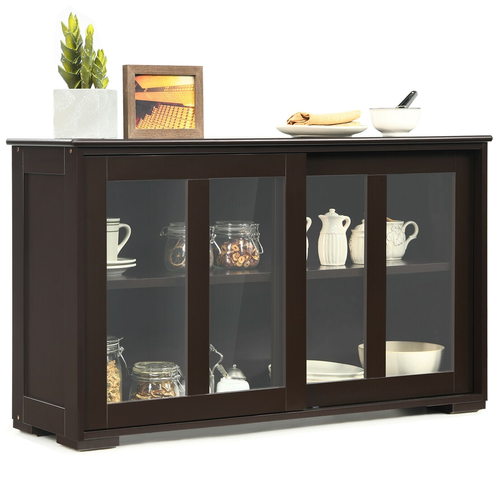 Sideboard Buffet Cupboard Storage Cabinet with Sliding Door-Brown