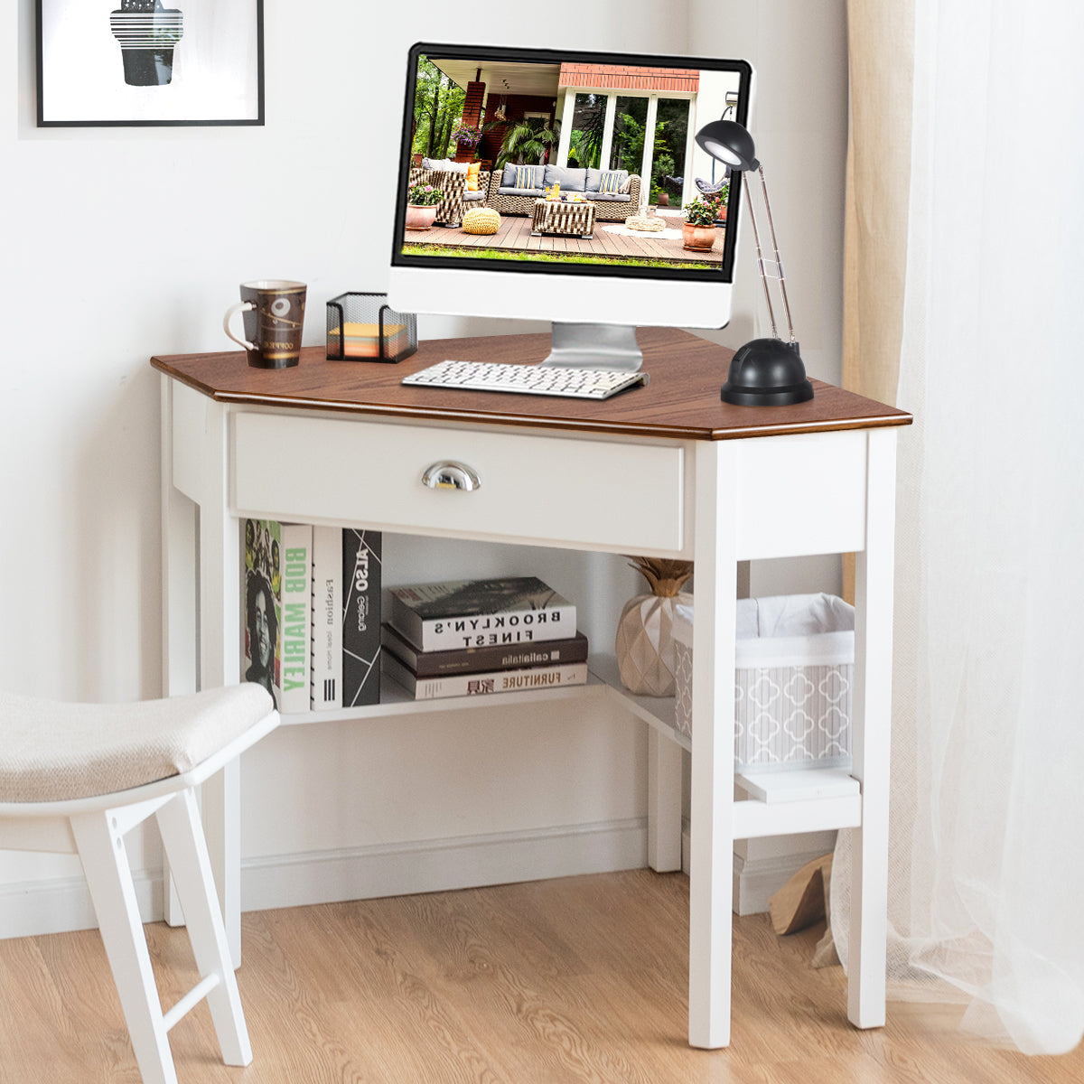 Corner Wooden Piece Laptop Computer Desk-NaturalÂ 