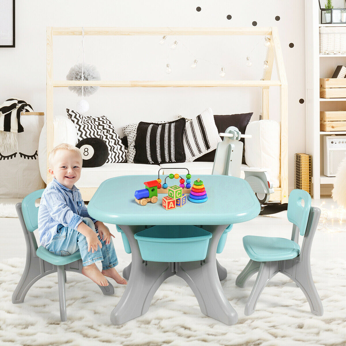 Children Kids Activity Table & Chair Set Play Furniture W/Storage-Blue