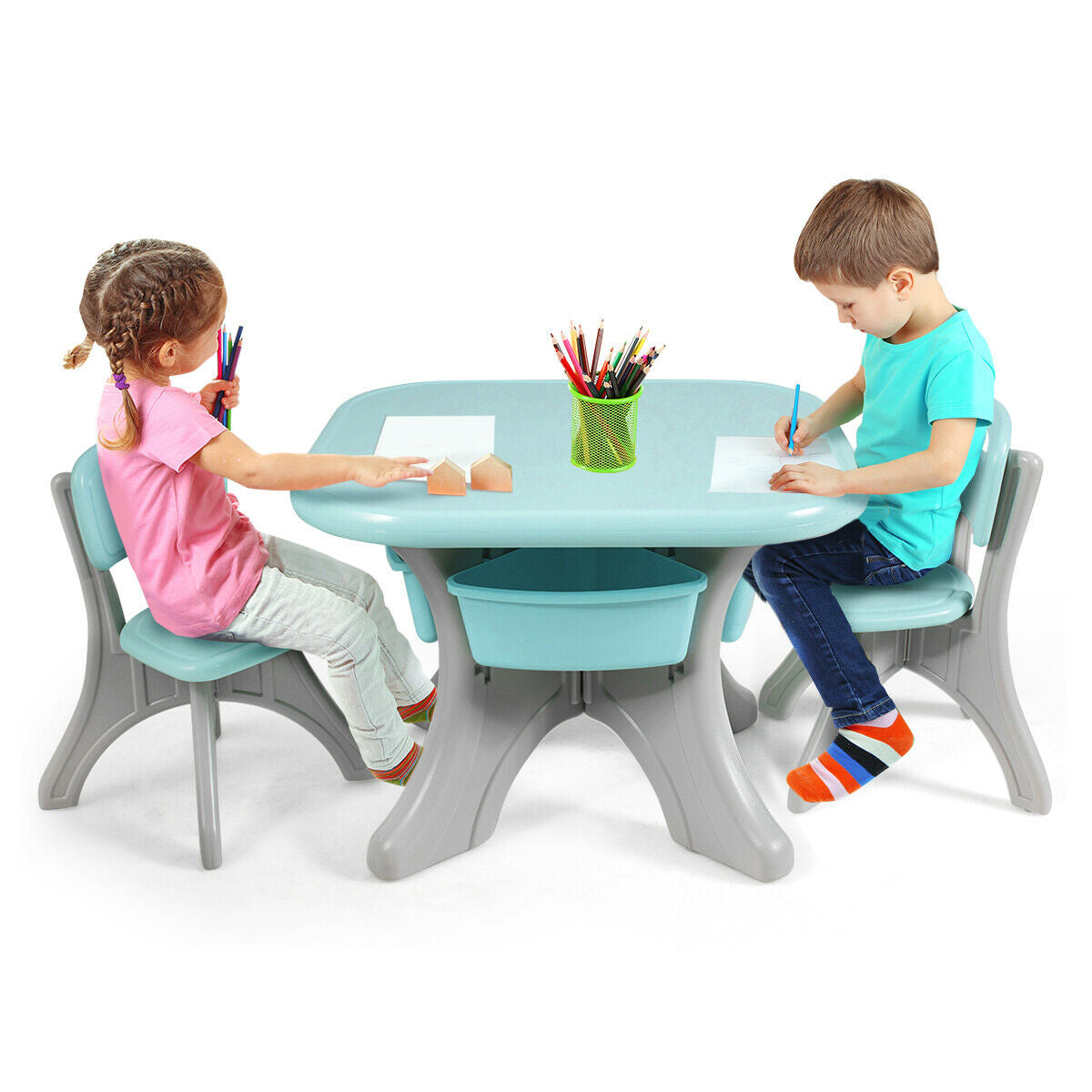 Children Kids Activity Table & Chair Set Play Furniture W/Storage-Blue