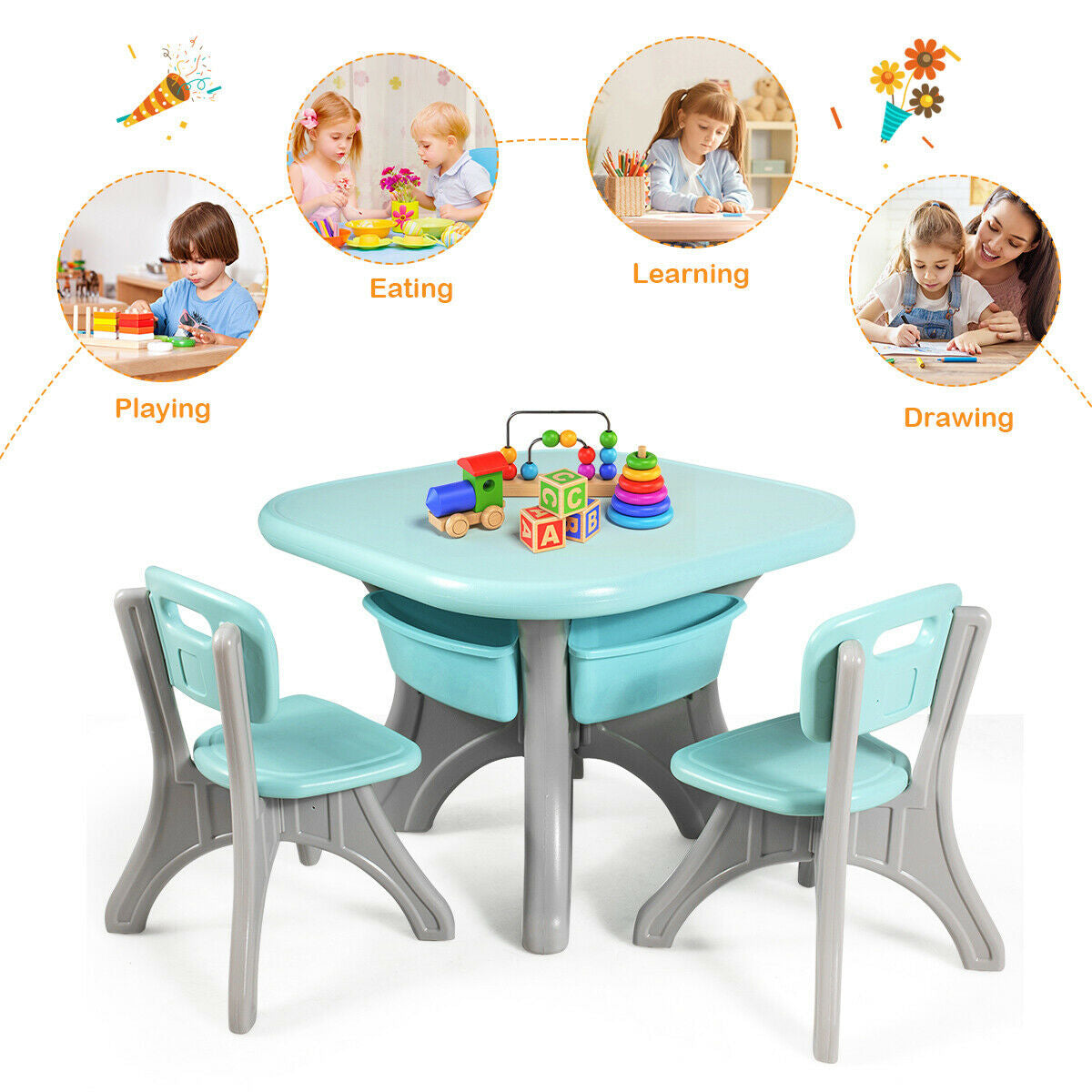 Children Kids Activity Table & Chair Set Play Furniture W/Storage-Blue