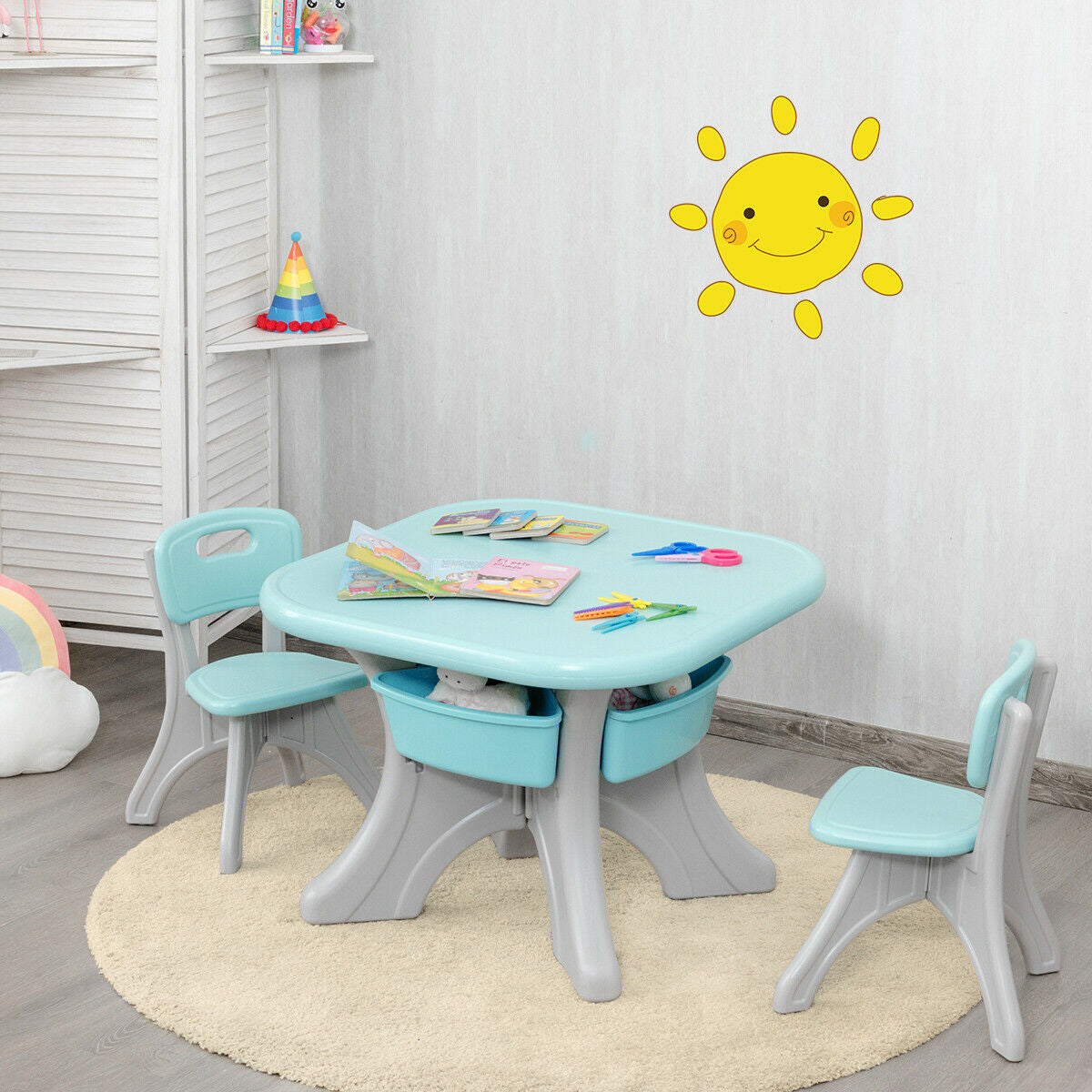 Children Kids Activity Table & Chair Set Play Furniture W/Storage-Blue