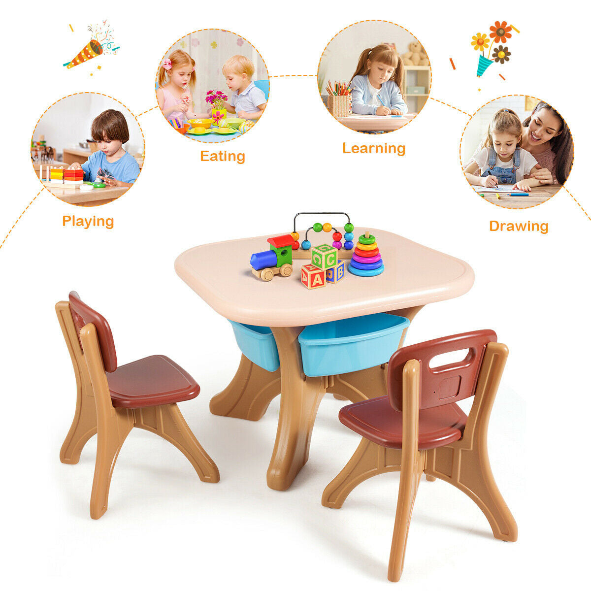 Kids Activity Table & Chair Set Play Furniture with Storage-Coffee