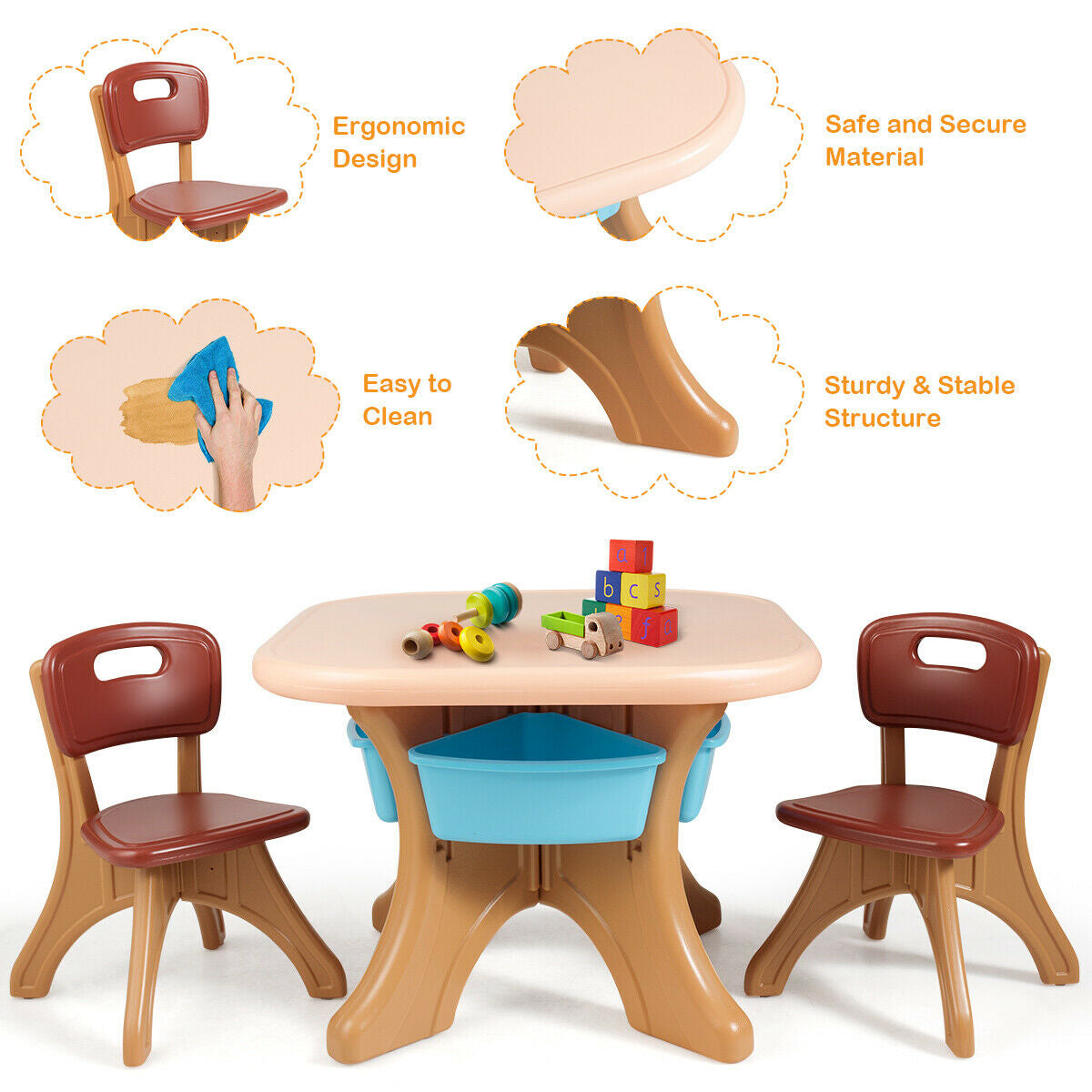 Kids Activity Table & Chair Set Play Furniture with Storage-Coffee