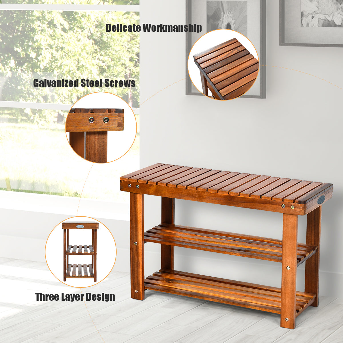 Freestanding Wood Bench with 3-Tier Storage Shelves