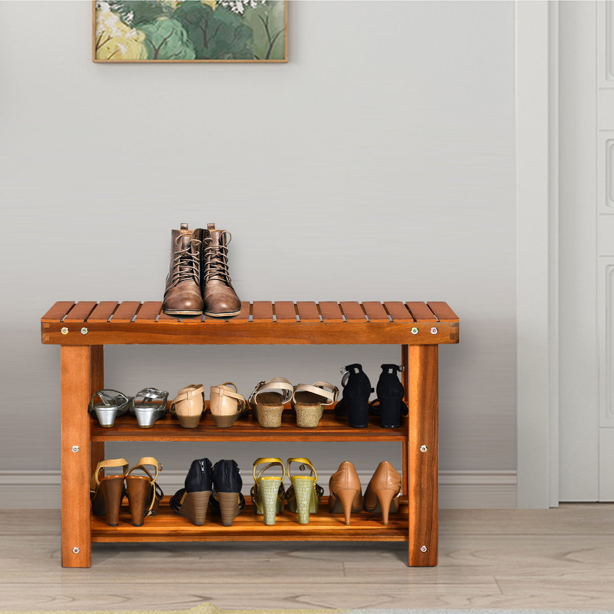 Freestanding Wood Bench with 3-Tier Storage Shelves