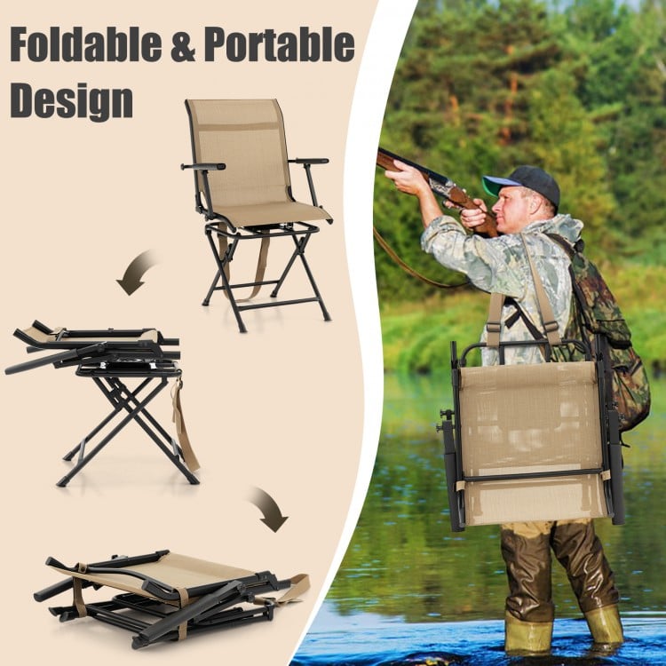 Foldable Swivel Patio Chair with Armrest and Mesh Back-Coffee