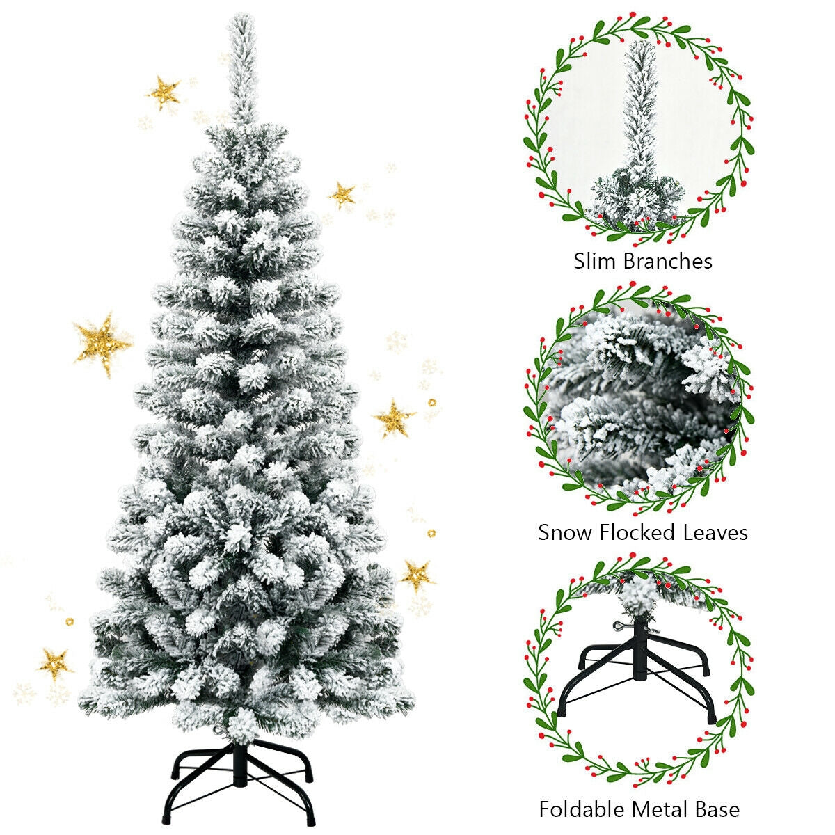 4.5 Feet Unlit Hinged Snow Flocked Artificial Pencil Christmas Tree with 242 Branch