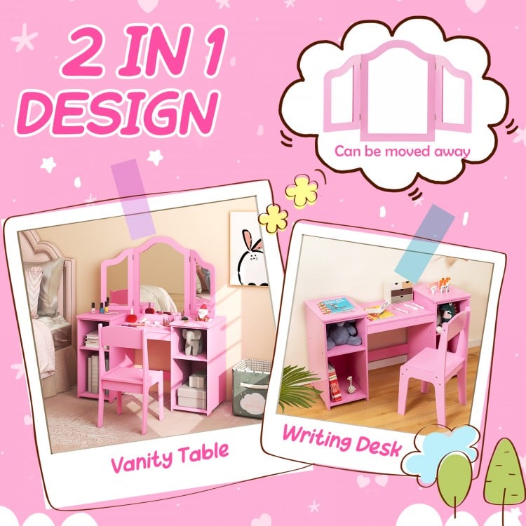 Kids Vanity Table and Chair Set with Removable Tri-Folding Mirror-Pink