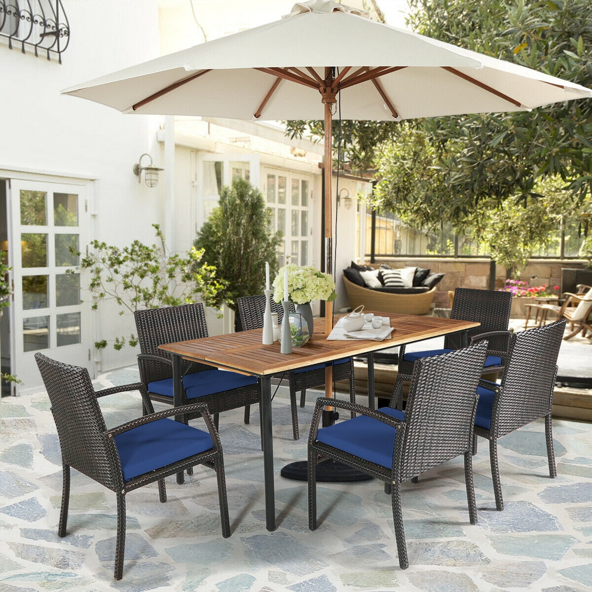 7Pcs Patio Rattan Cushioned Dining Set with Umbrella Hole-Navy