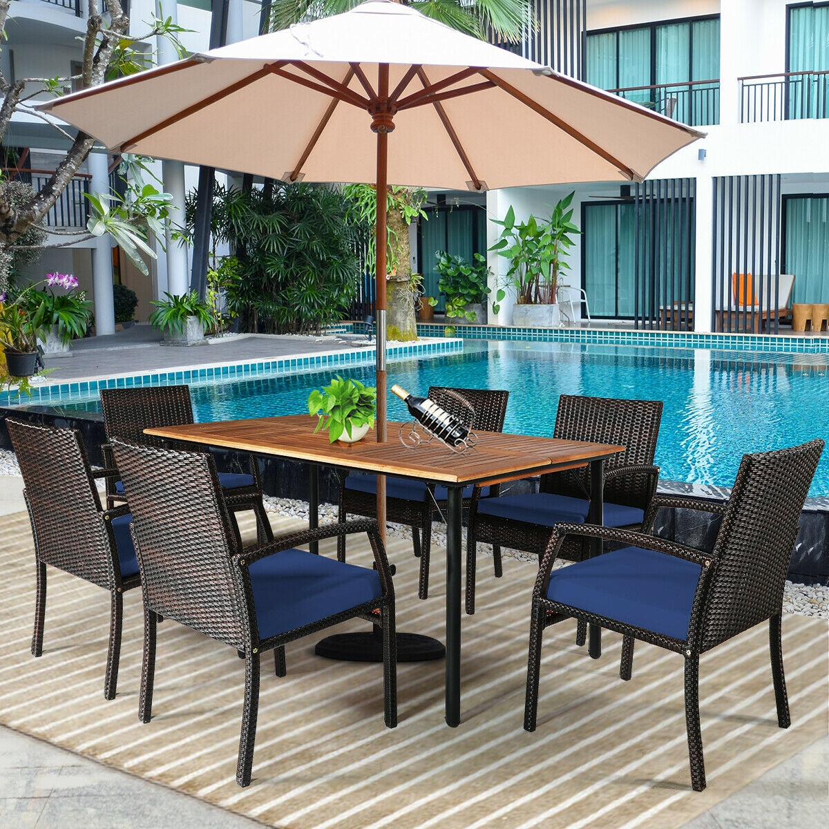 7Pcs Patio Rattan Cushioned Dining Set with Umbrella Hole-Navy