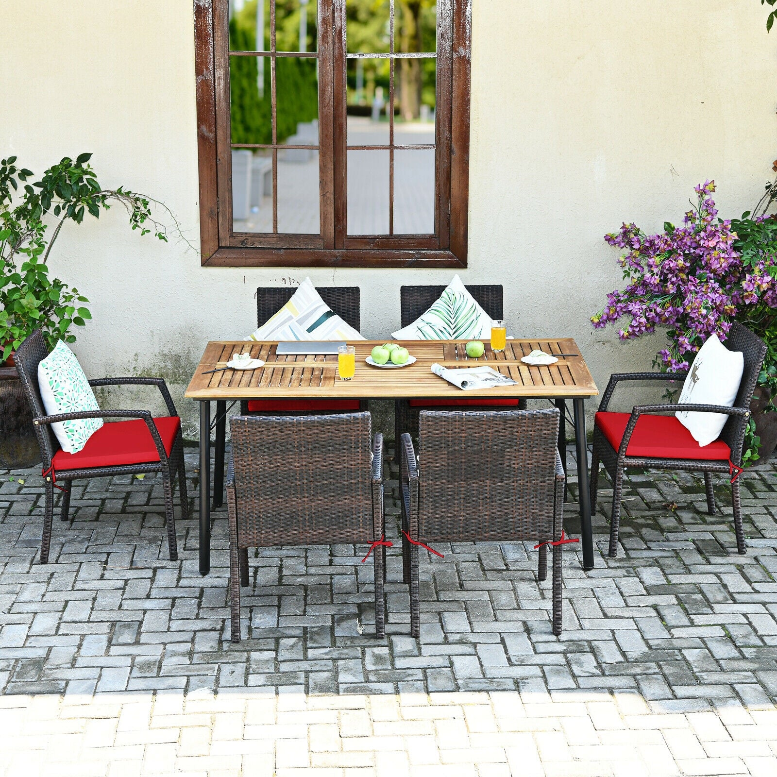 7Pcs Patio Rattan Cushioned Dining Set with Umbrella Hole-Red