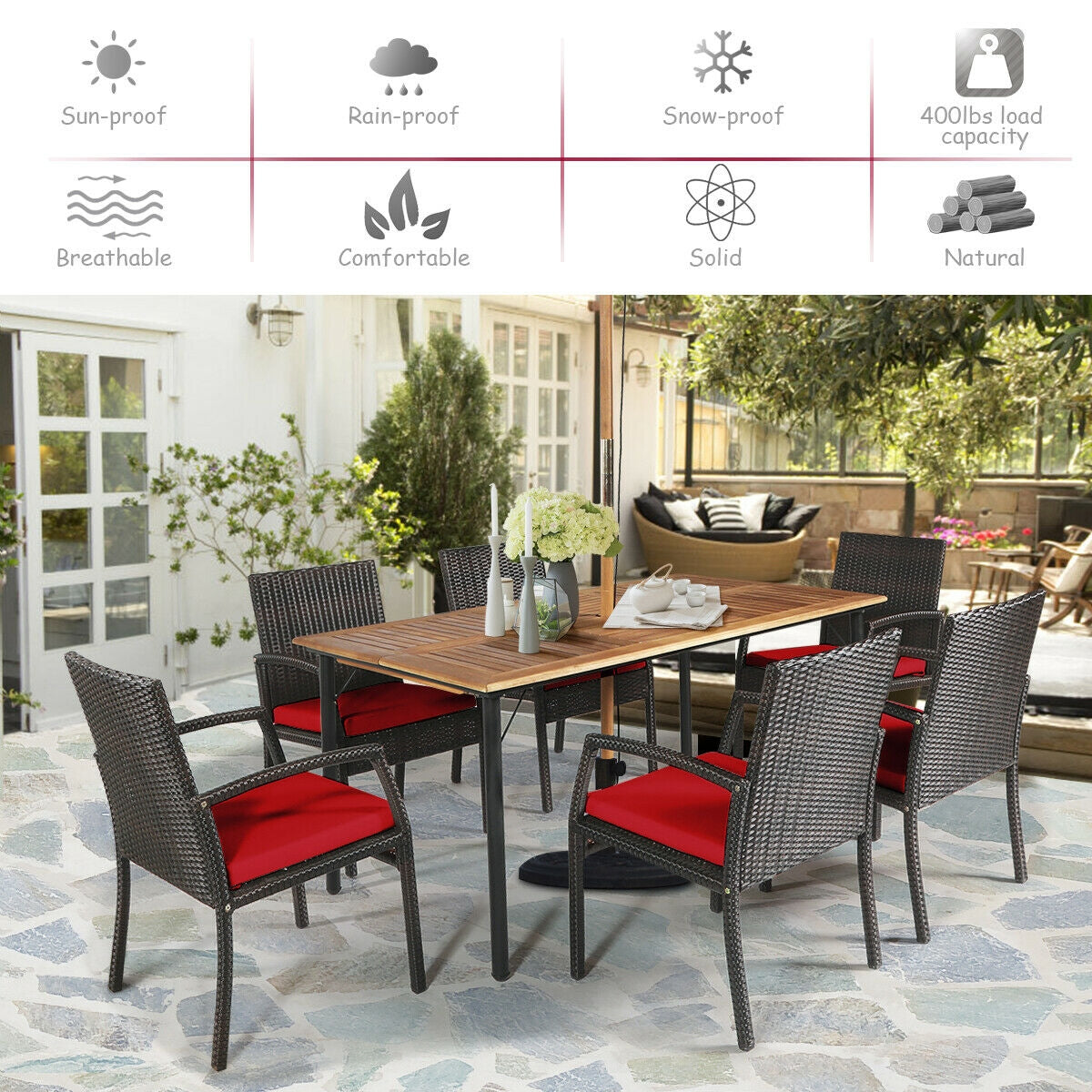 7Pcs Patio Rattan Cushioned Dining Set with Umbrella Hole-RedÂ 