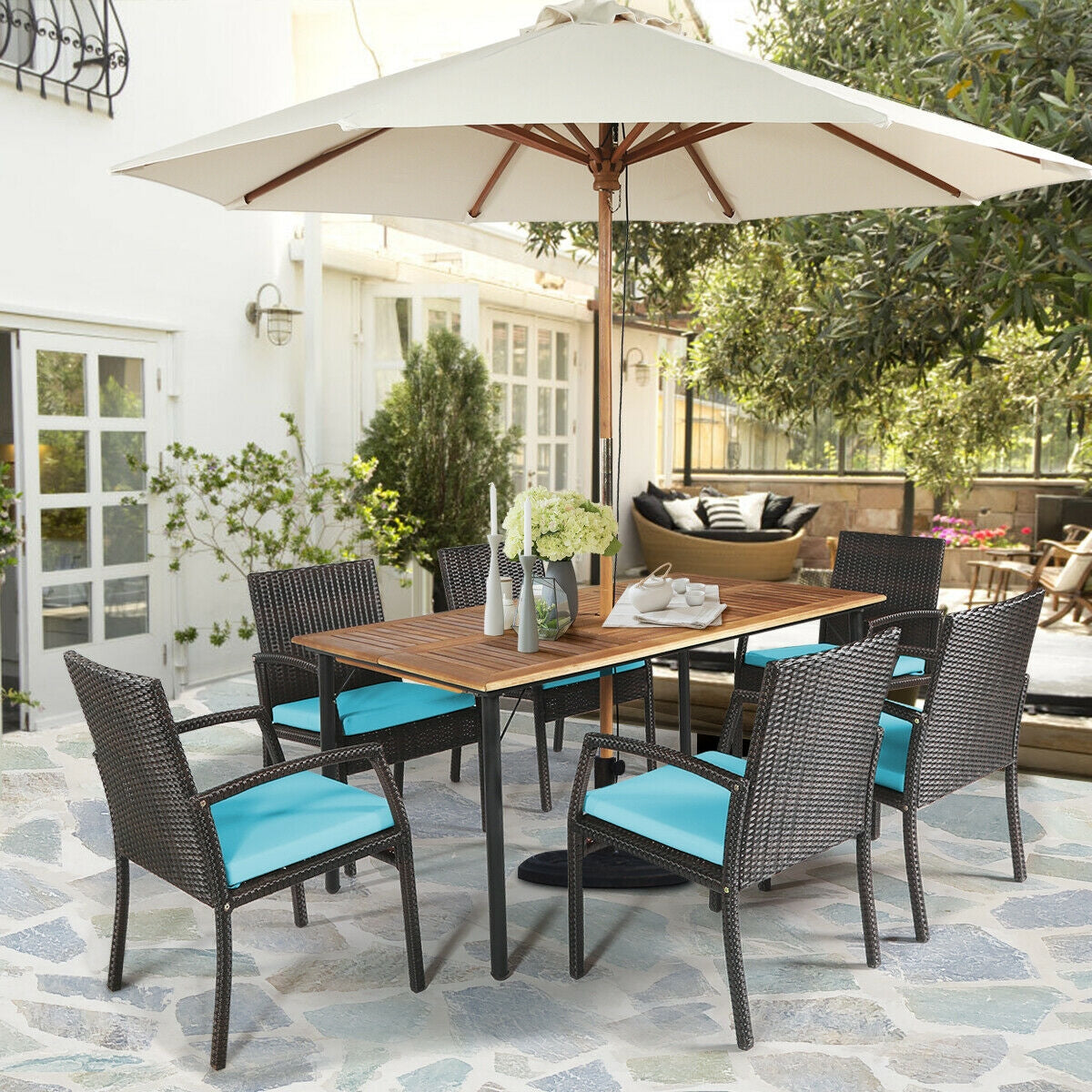 7Pcs Patio Rattan Cushioned Dining Set with Umbrella Hole-TurquoiseÂ 