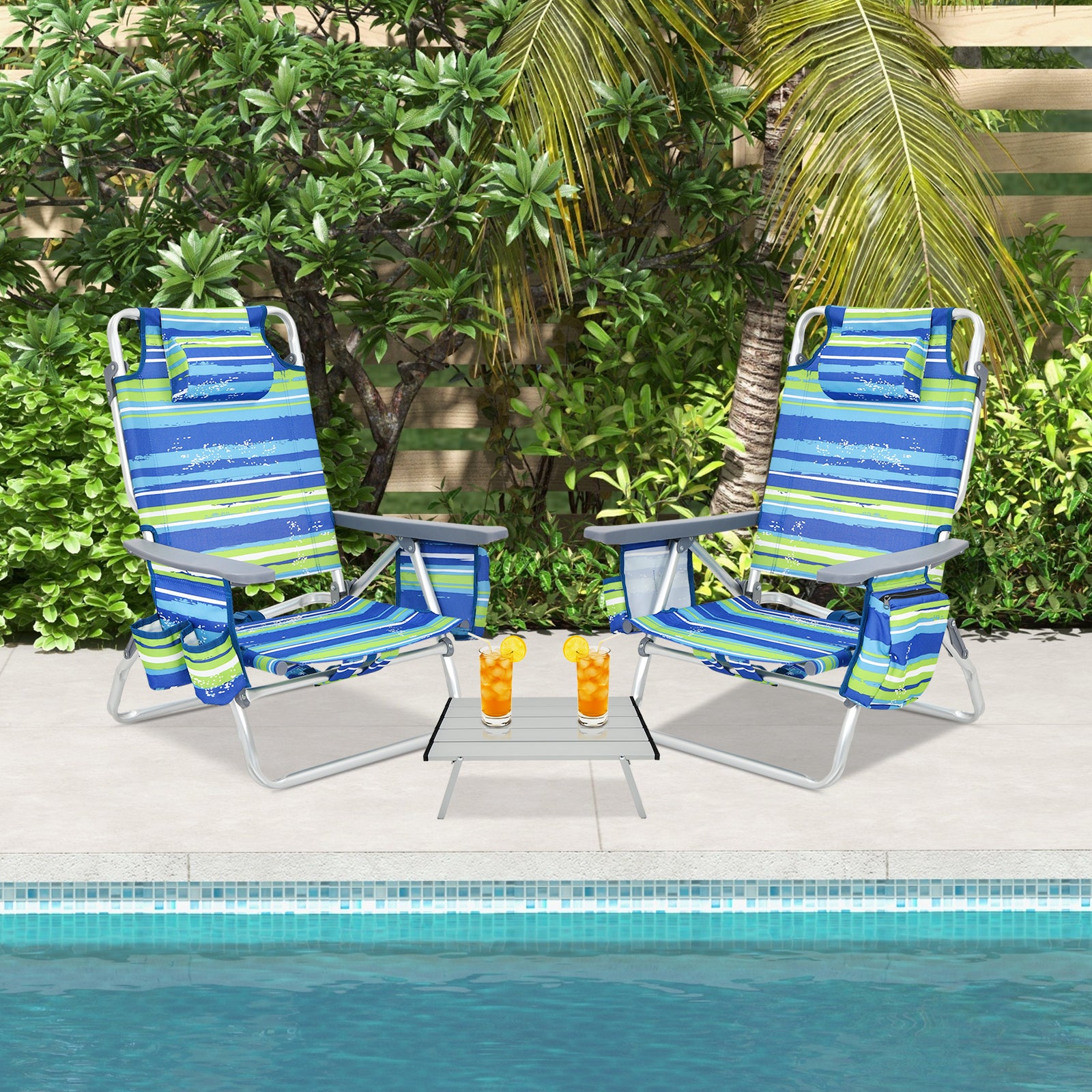 2 Packs 5-Position Outdoor Folding Backpack Beach Table Chair Reclining Chair Set-Blue 