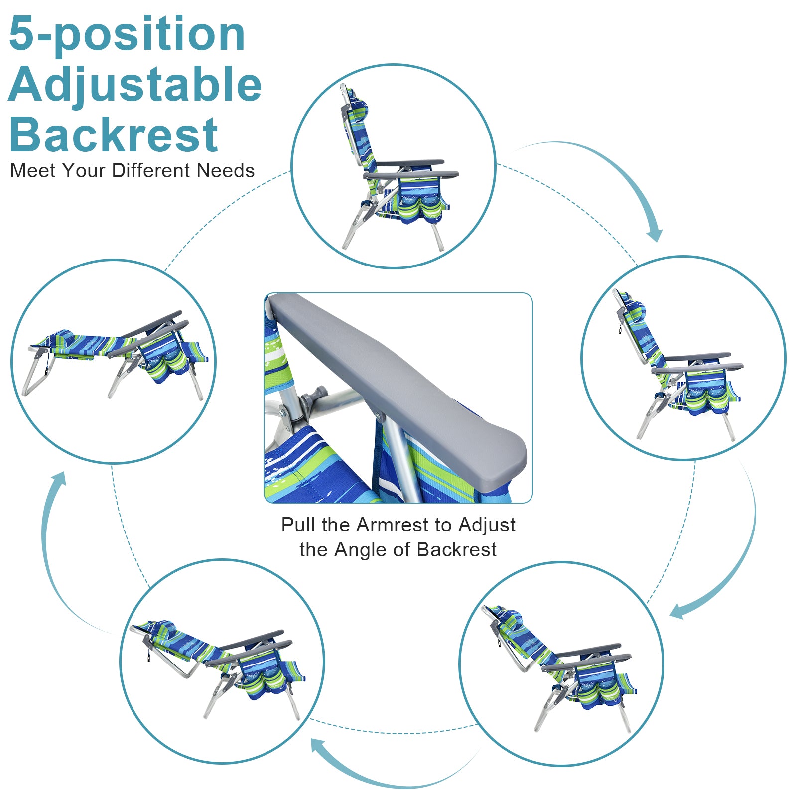 2 Packs 5-Position Outdoor Folding Backpack Beach Table Chair Reclining Chair Set-Blue 