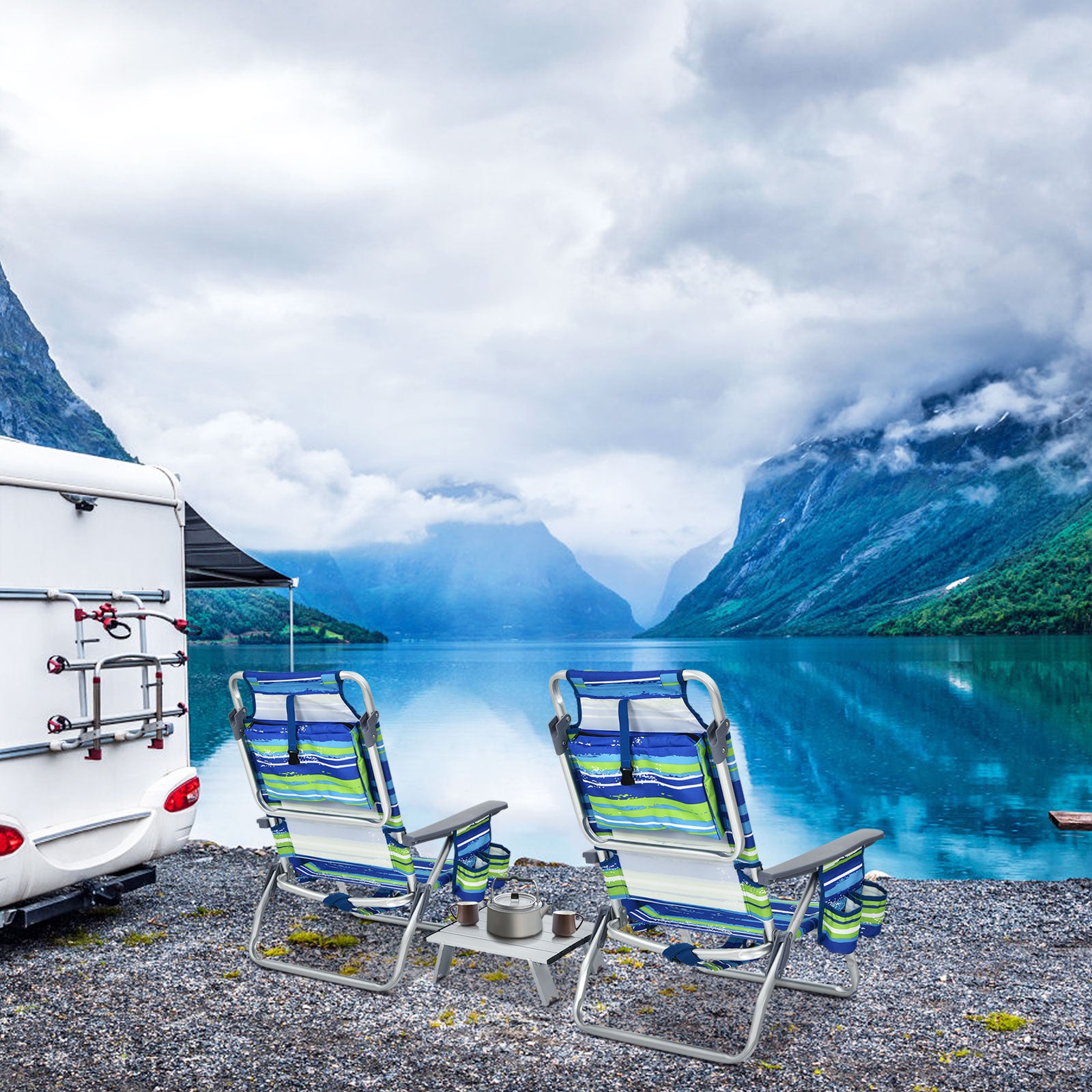 2 Packs 5-Position Outdoor Folding Backpack Beach Table Chair Reclining Chair Set-Blue 