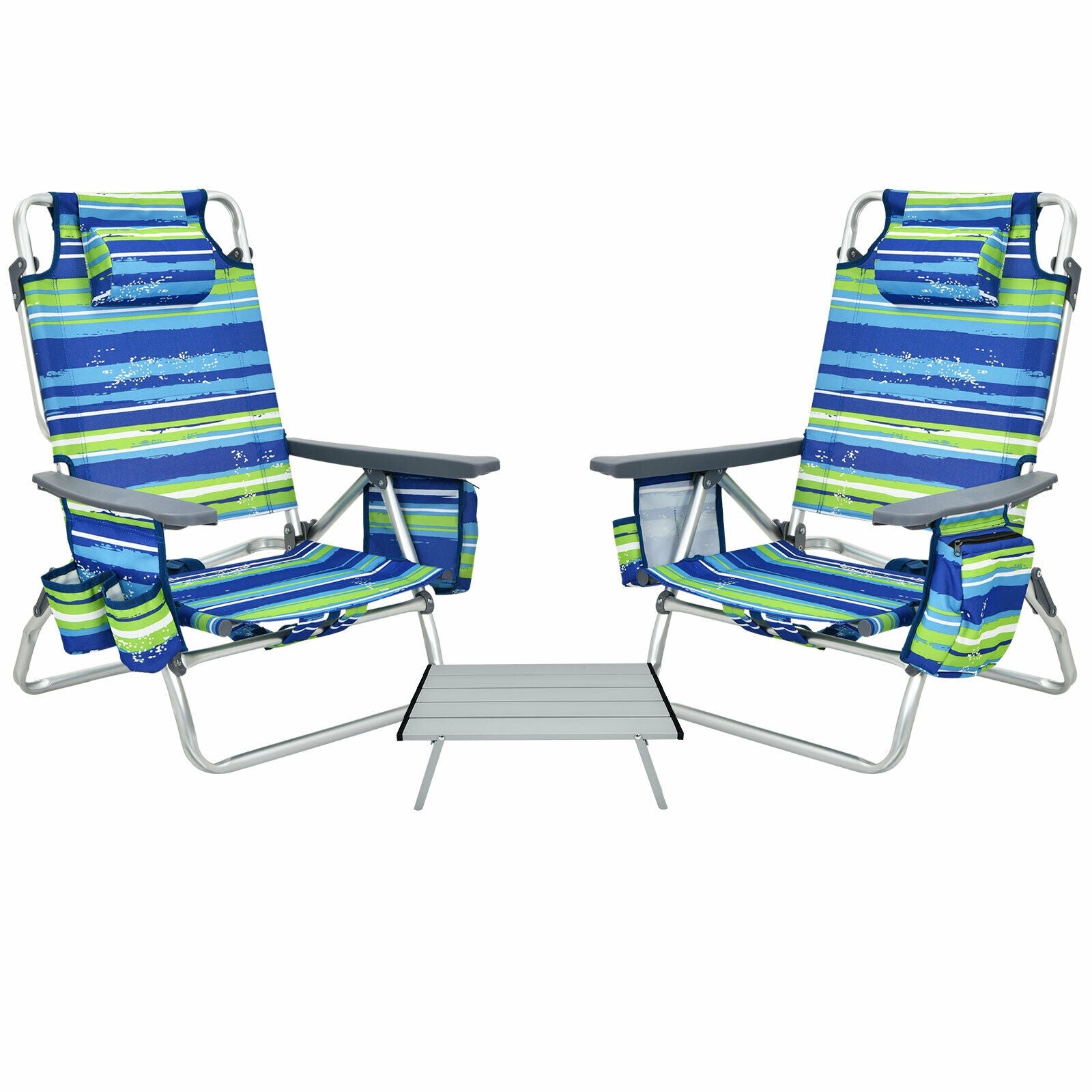 2 Packs 5-Position Outdoor Folding Backpack Beach Table Chair Reclining Chair Set-Blue 