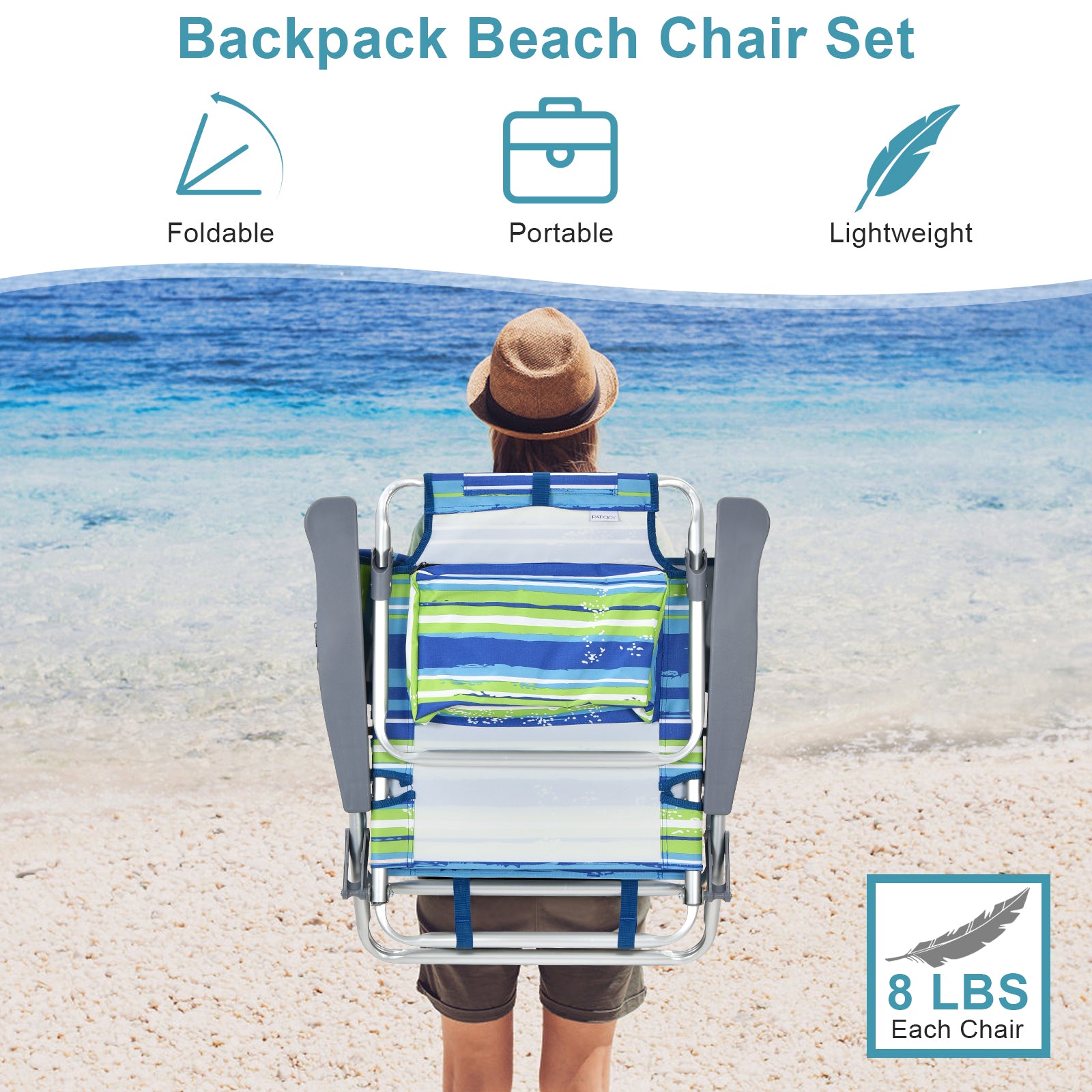 2 Packs 5-Position Outdoor Folding Backpack Beach Table Chair Reclining Chair Set-Blue 