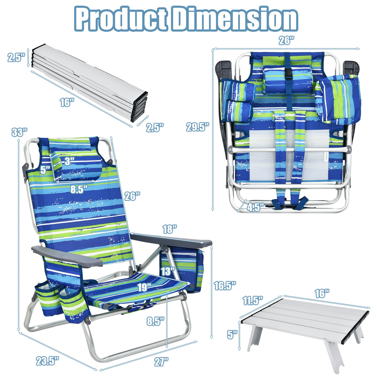 2 Packs 5-Position Outdoor Folding Backpack Beach Table Chair Reclining Chair Set-Blue 
