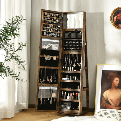 360° Rotatable Armoire 2-in-1 Lockable Mirrored Jewelry Cabinet-Rustic Brown 