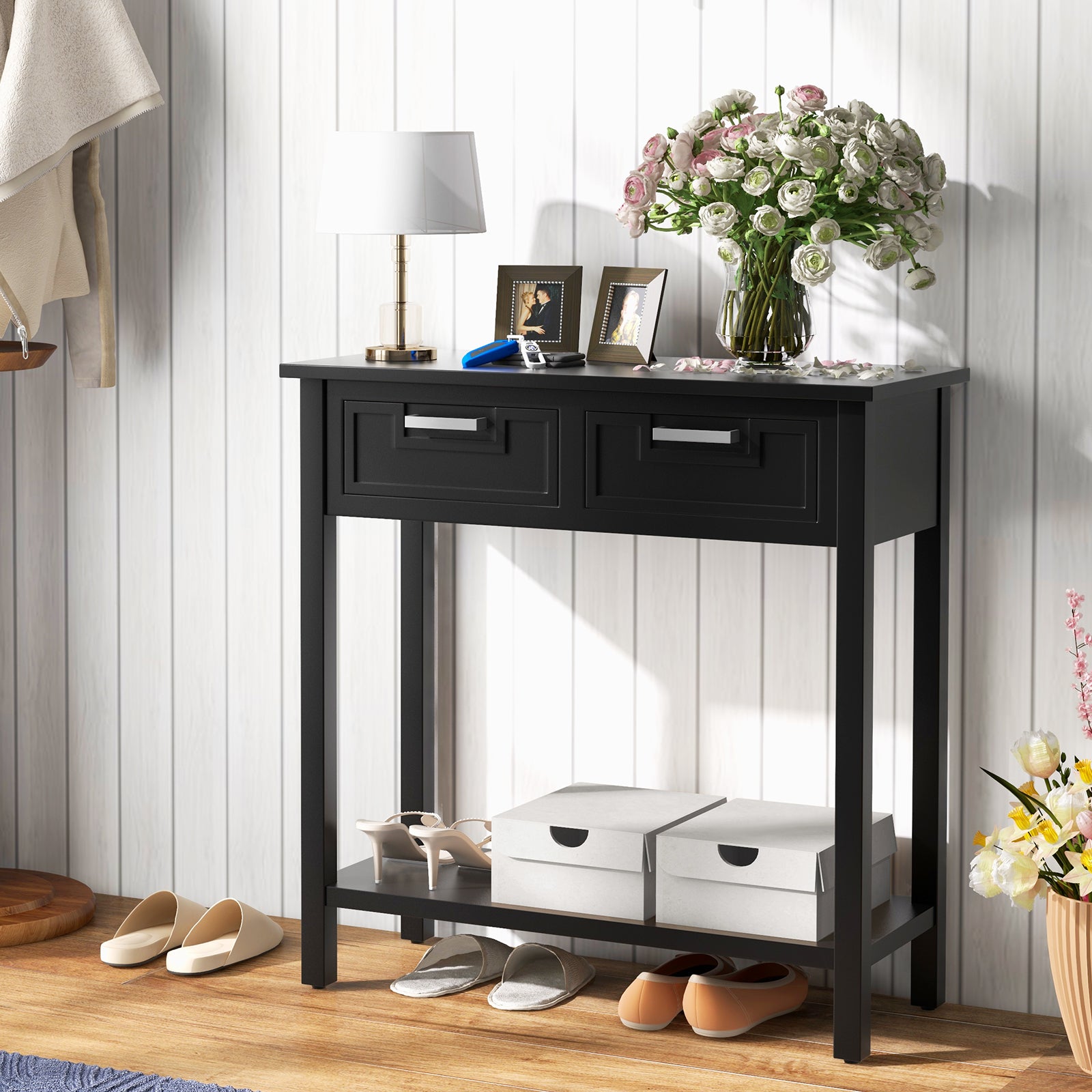 Narrow Console Table with Drawers and Open Storage Shelf-Black 