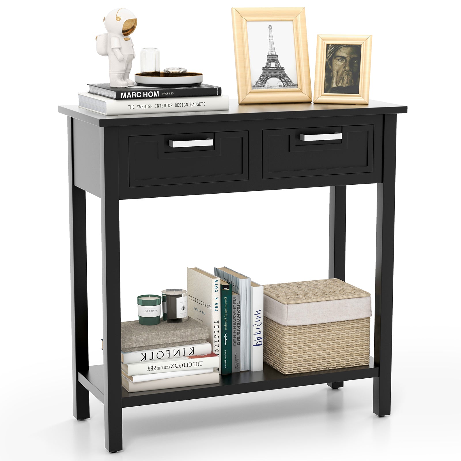 Narrow Console Table with Drawers and Open Storage Shelf-Black 