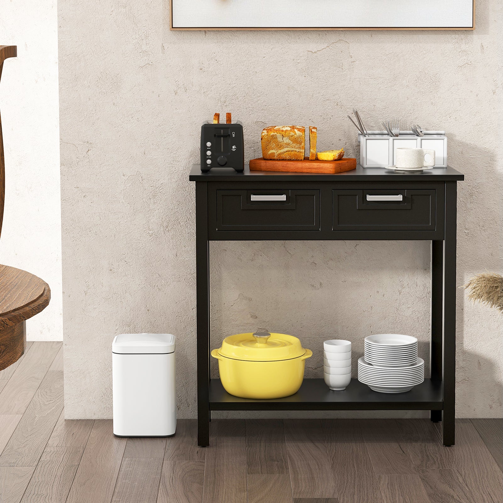 Narrow Console Table with Drawers and Open Storage Shelf-Black 