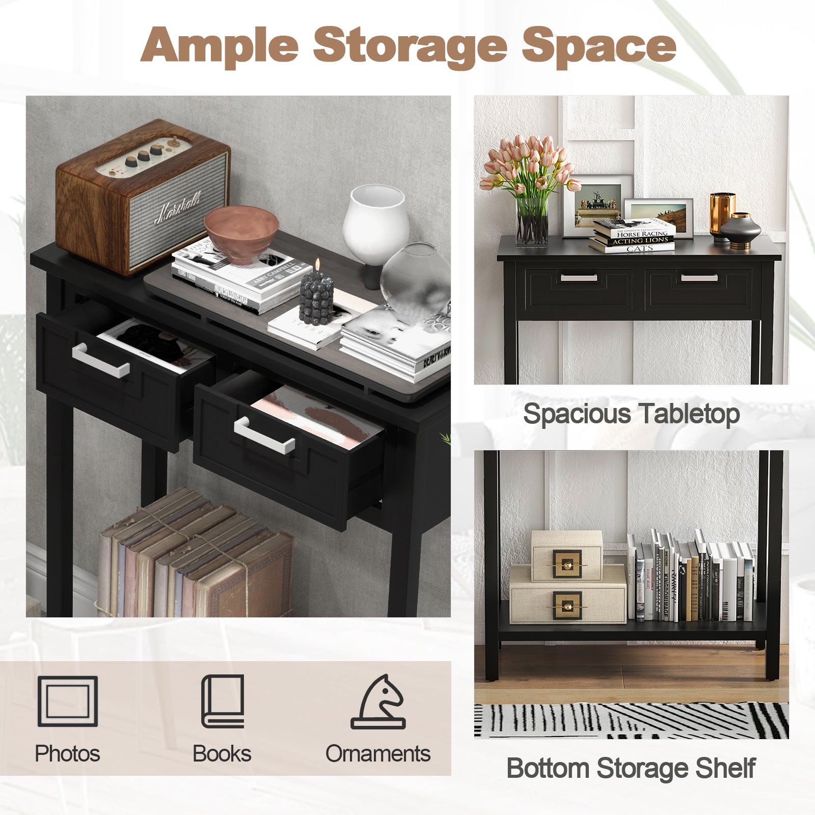 Narrow Console Table with Drawers and Open Storage Shelf-Black 