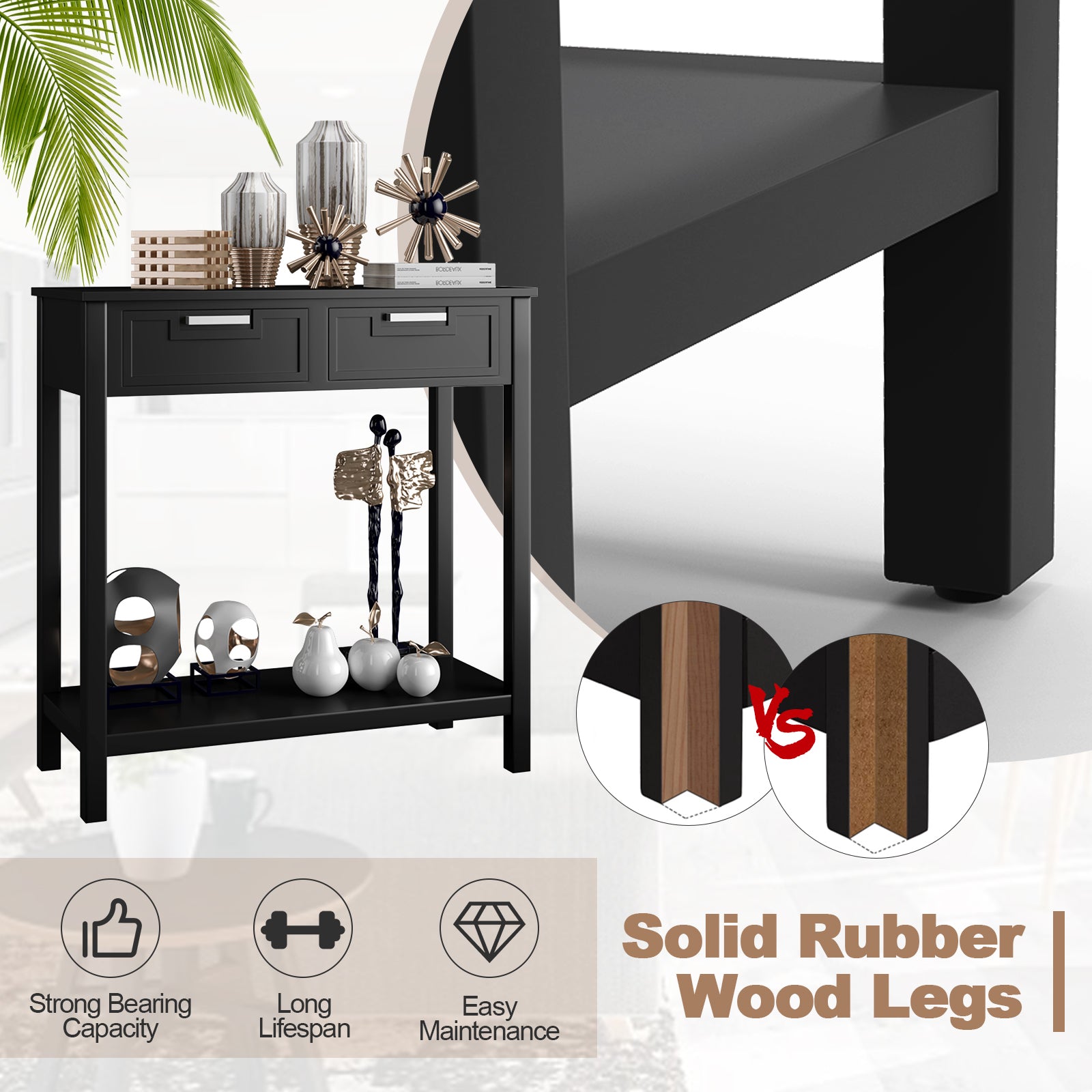 Narrow Console Table with Drawers and Open Storage Shelf-Black 