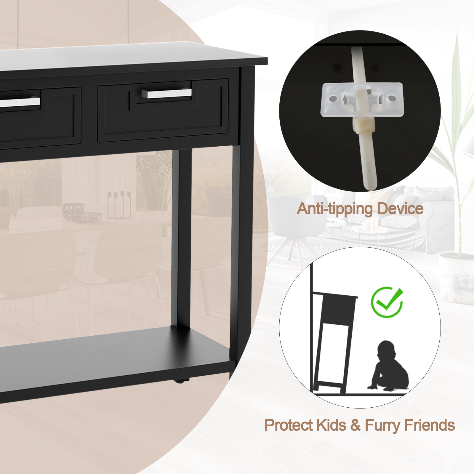 Narrow Console Table with Drawers and Open Storage Shelf-Black 