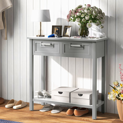 Narrow Console Table with Drawers and Open Storage Shelf-Gray 