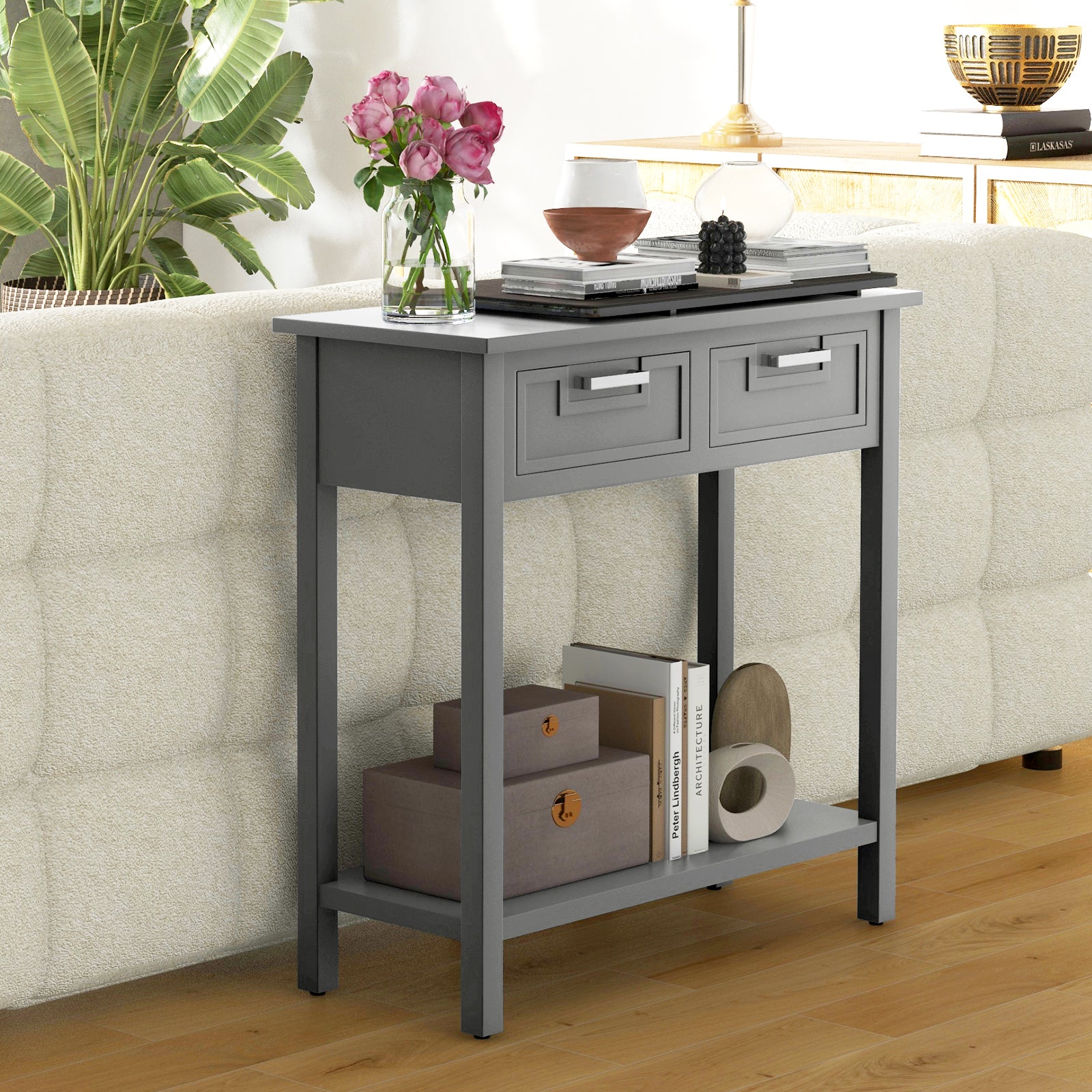 Narrow Console Table with Drawers and Open Storage Shelf-Gray 