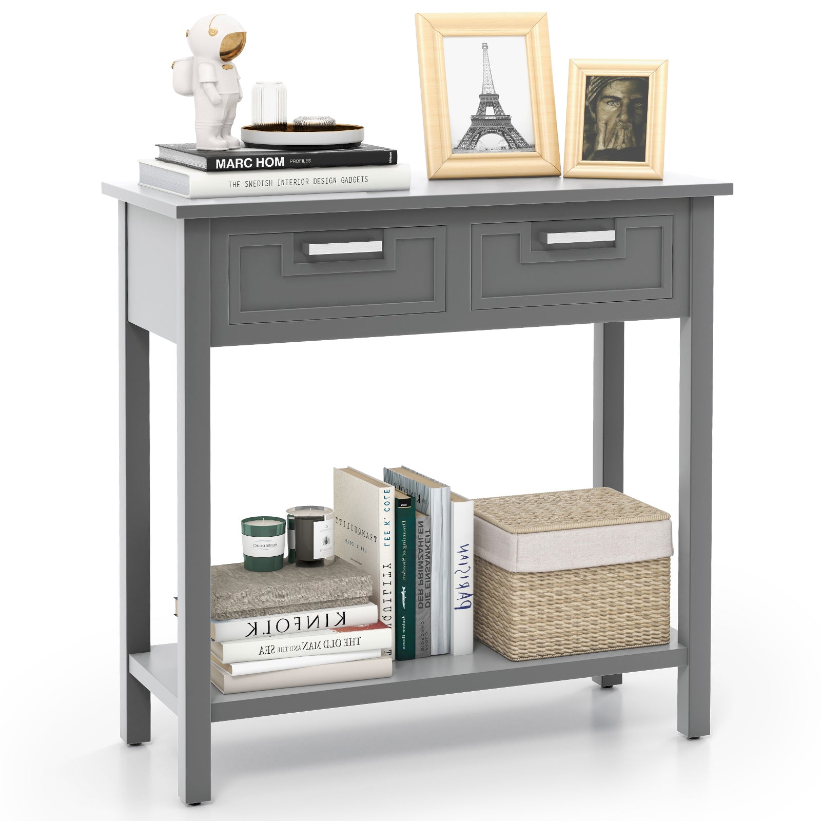 Narrow Console Table with Drawers and Open Storage Shelf-Gray 