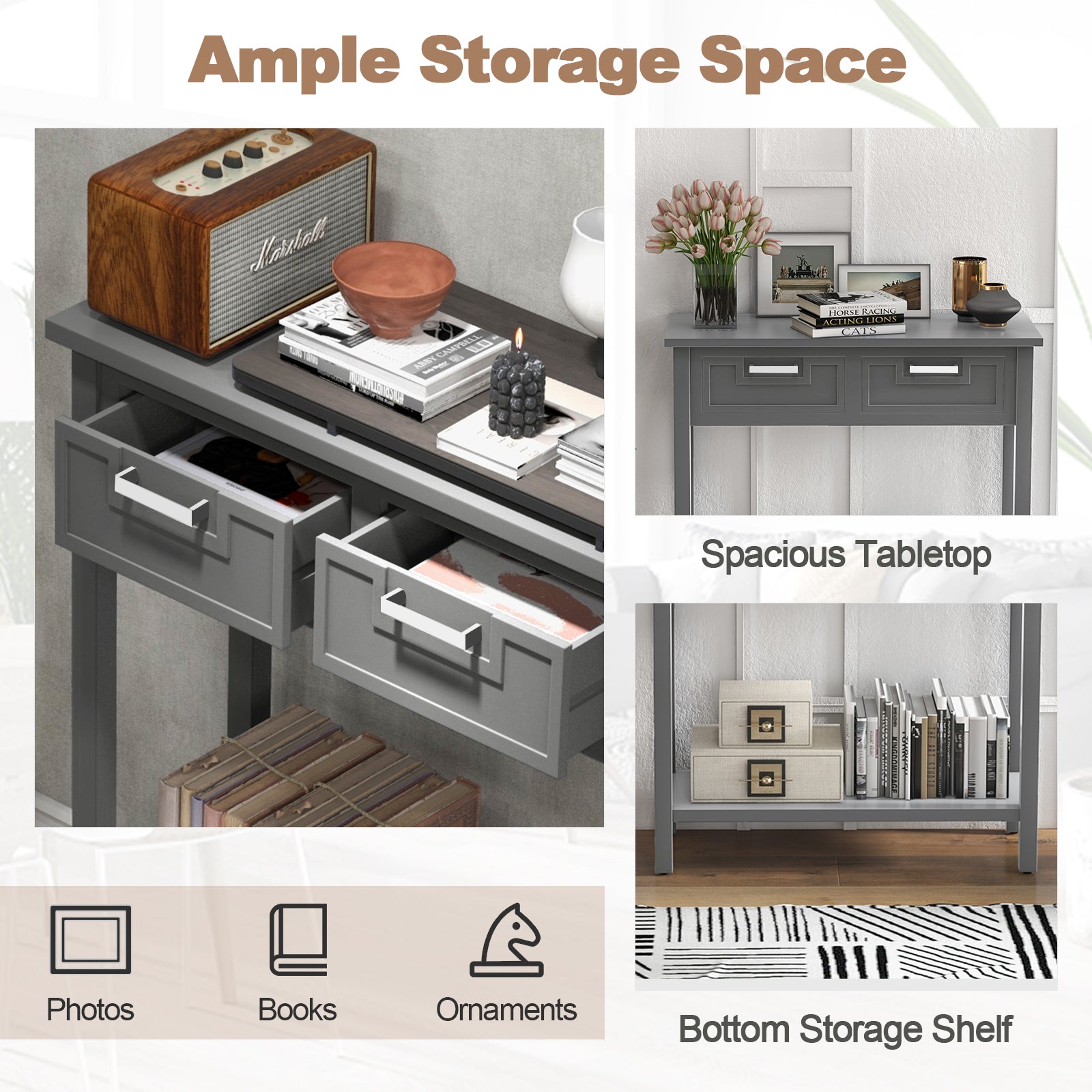 Narrow Console Table with Drawers and Open Storage Shelf-Gray 