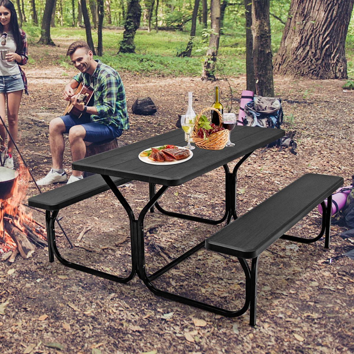 HDPE Outdoor Picnic Table Bench Set with Metal Base-Black