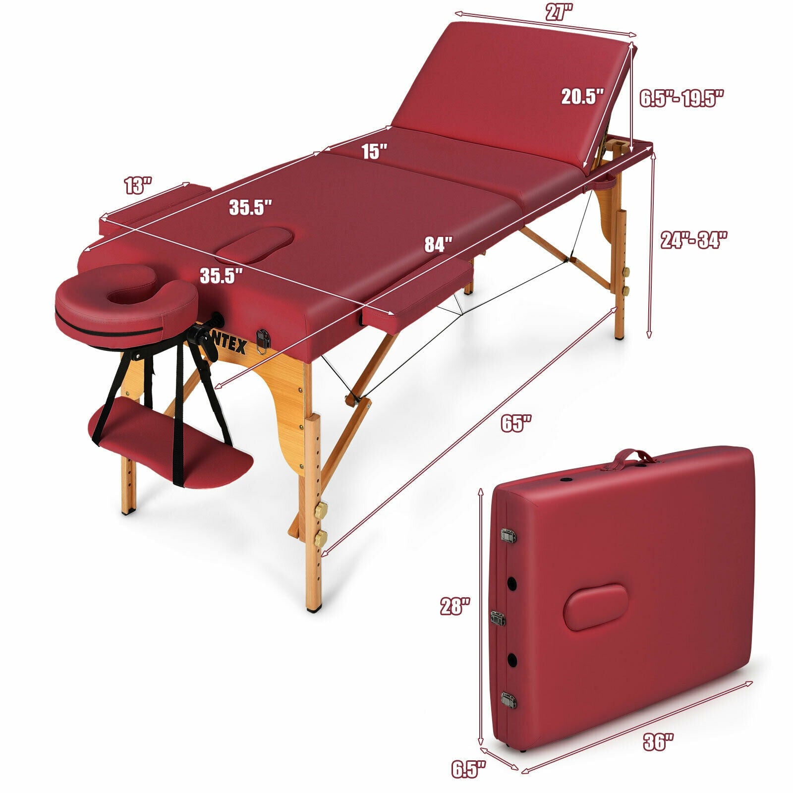 3 Fold Portable Adjustable Massage Table with Carry Case-Red