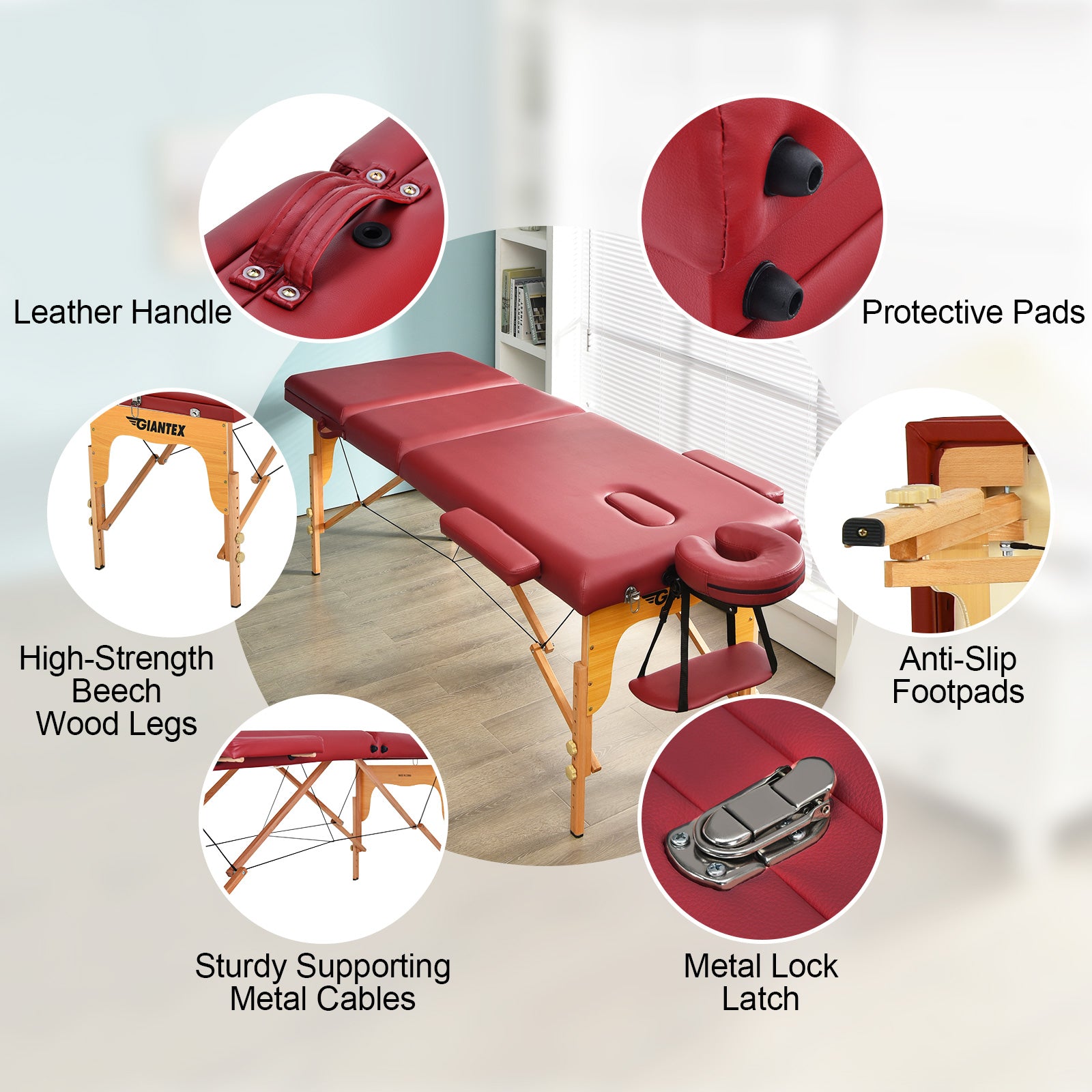 3 Fold Portable Adjustable Massage Table with Carry Case-Red