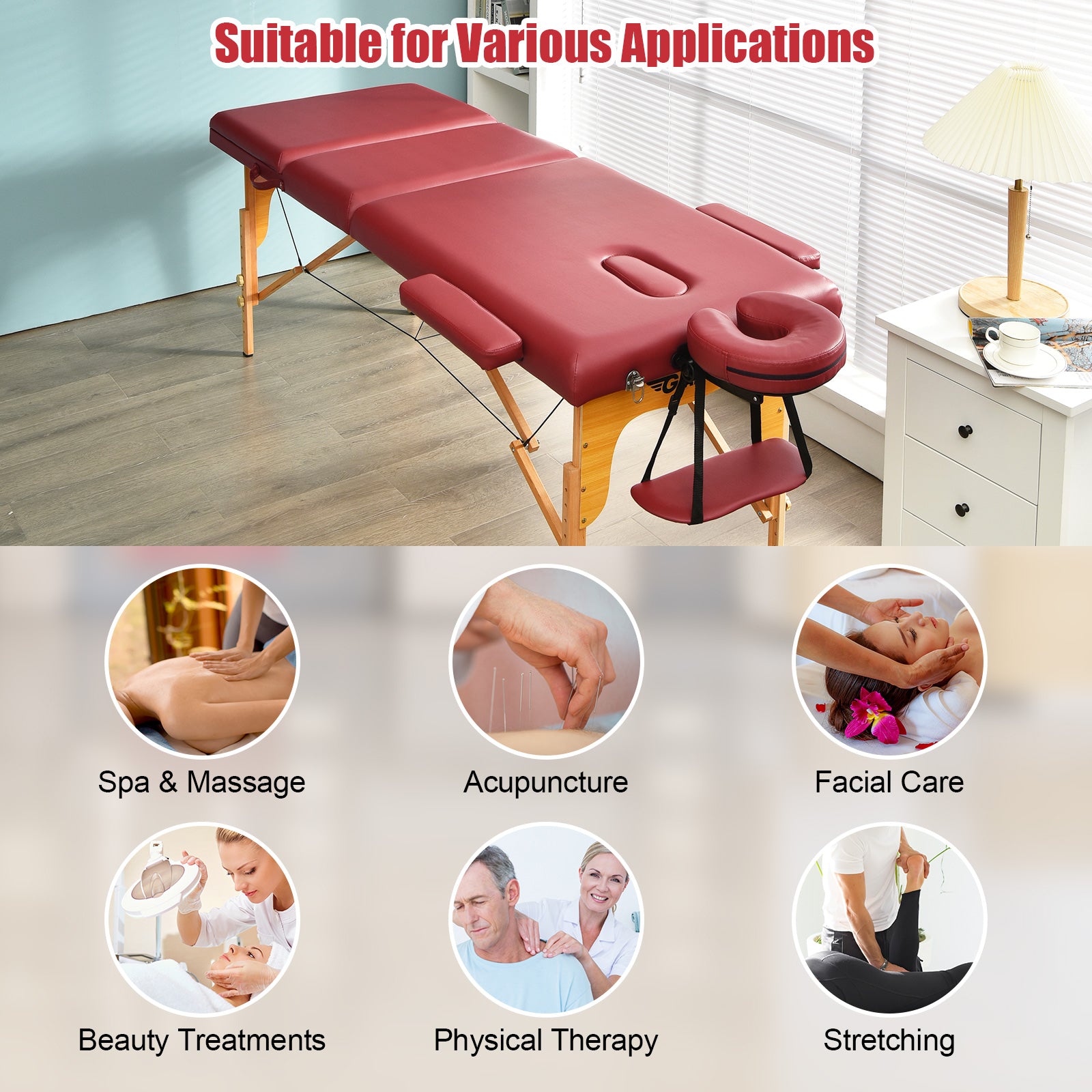 3 Fold Portable Adjustable Massage Table with Carry Case-Red