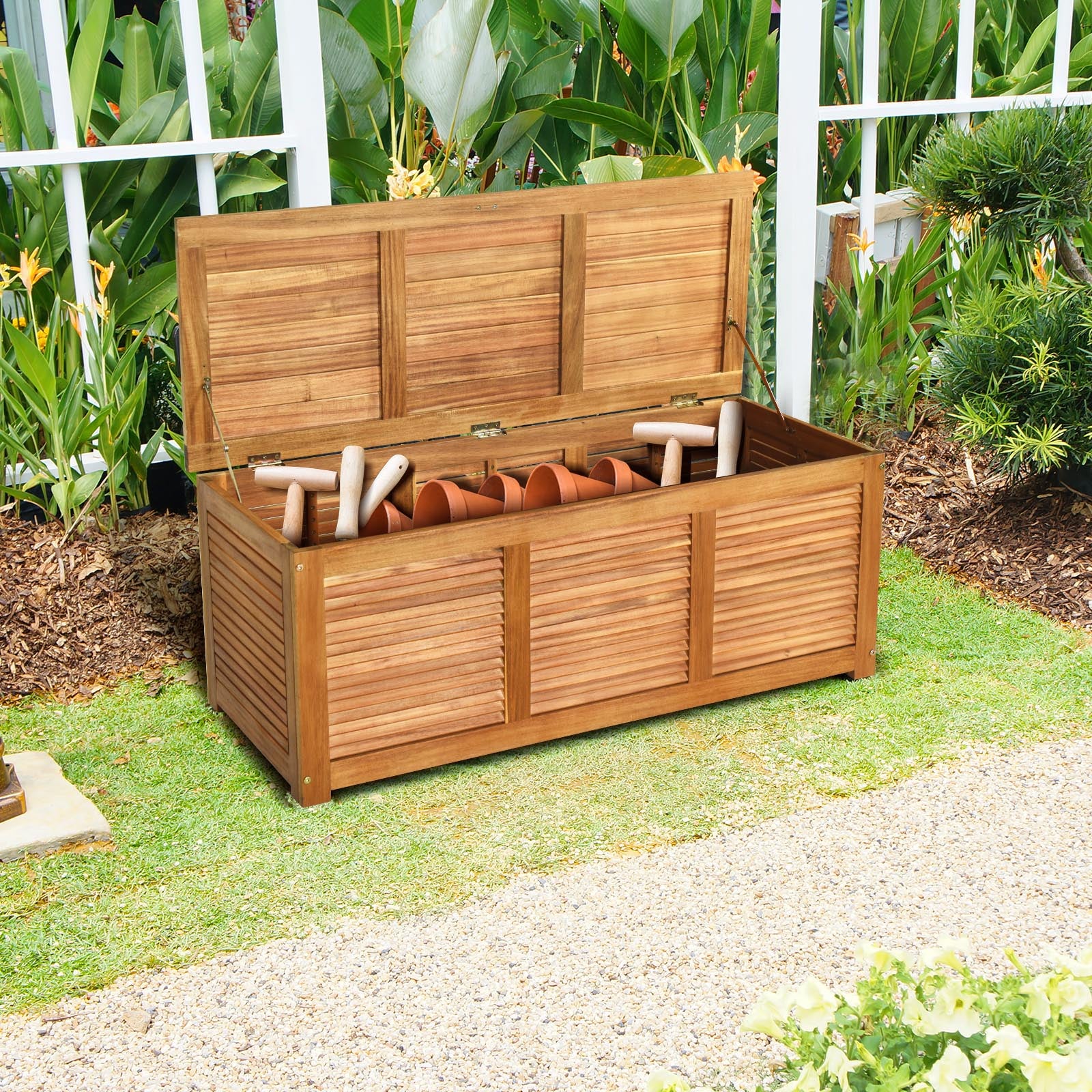 47 Gallon Acacia Wood Storage Bench Box for Patio Garden Deck