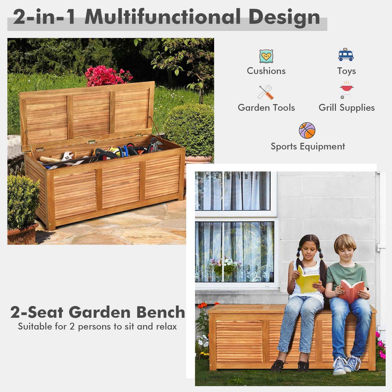 47 Gallon Acacia Wood Storage Bench Box for Patio Garden Deck