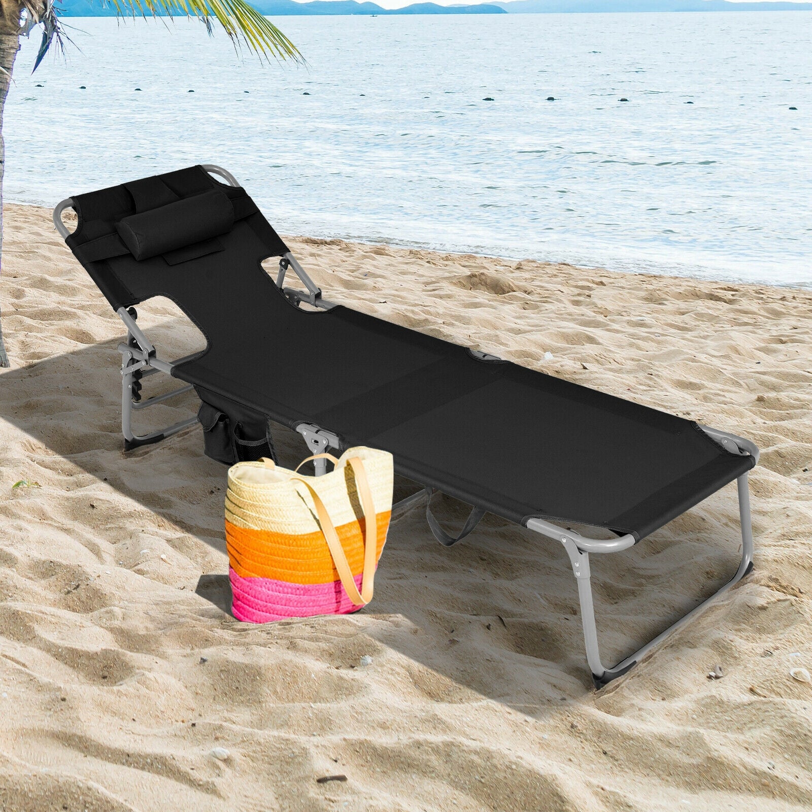 Folding Beach Lounge Chair with Pillow for Outdoor-Black 