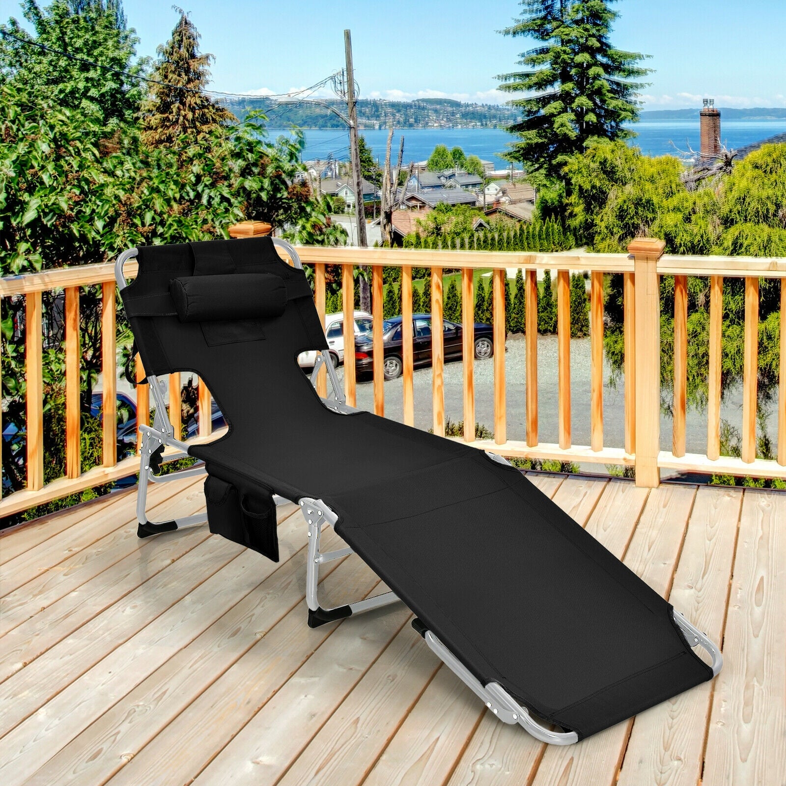 Folding Beach Lounge Chair with Pillow for Outdoor-Black 