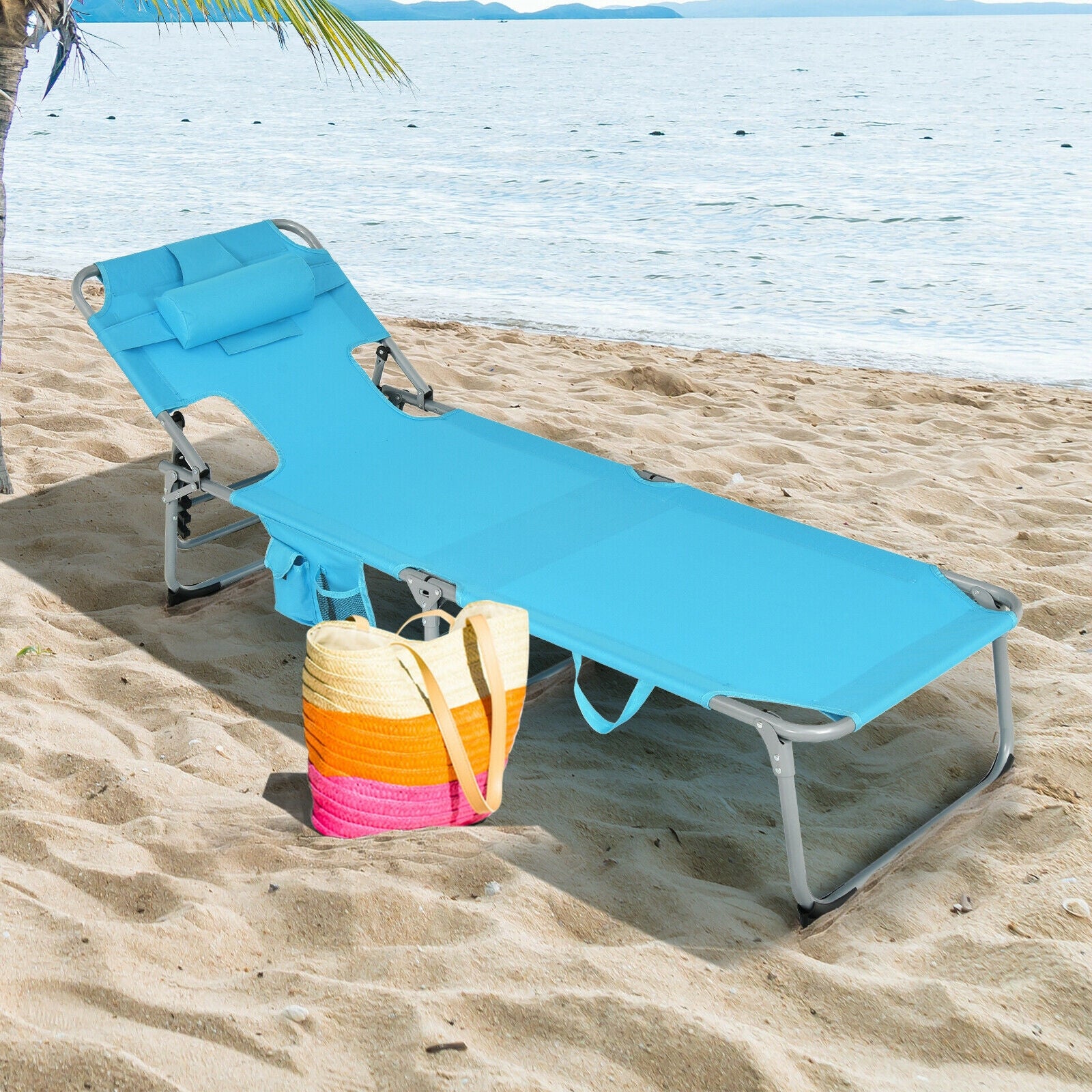 Folding Beach Lounge Chair with Pillow for Outdoor-Turquoise 