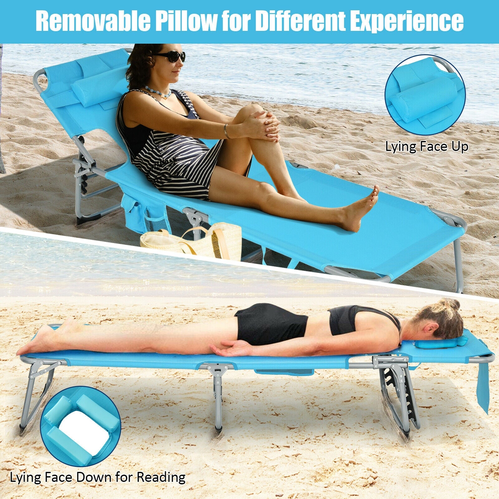 Folding Beach Lounge Chair with Pillow for Outdoor-Turquoise 